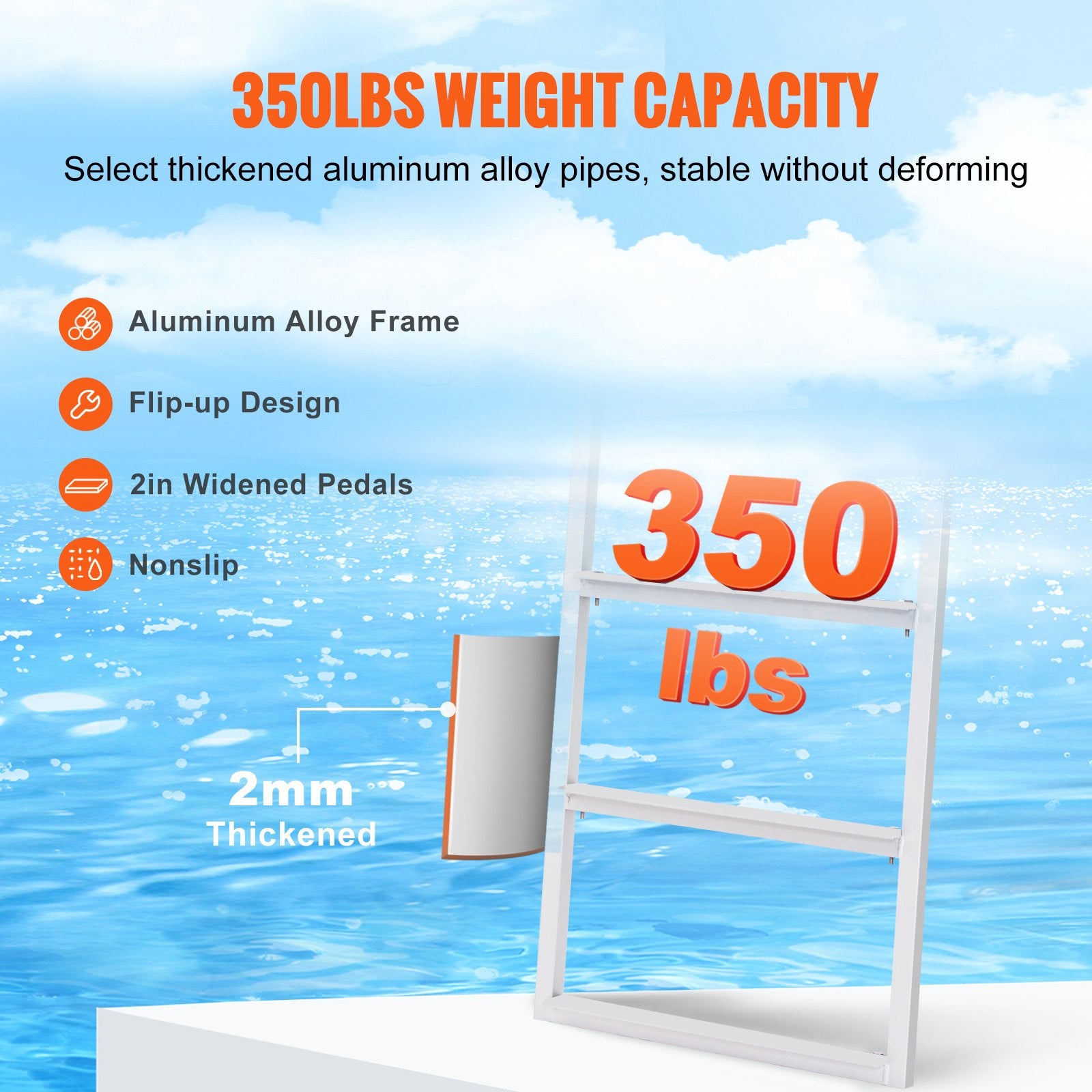 Flip-Up 3-Step Aluminum Dock Ladder, 159 kg Capacity, Nonslip Rubber Steps