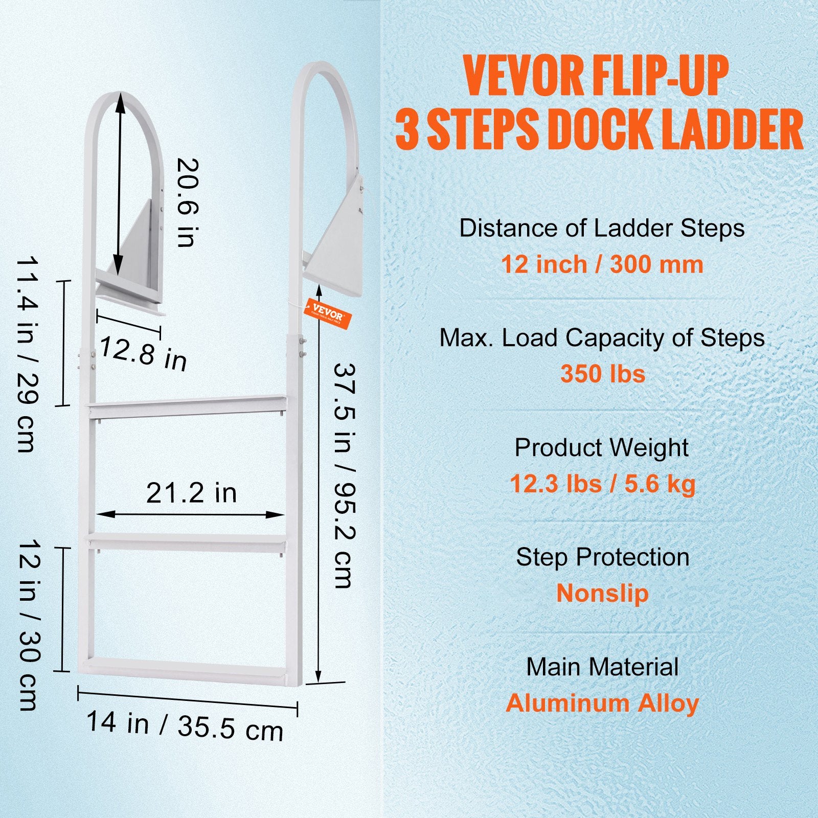 Flip-Up 3-Step Aluminum Dock Ladder, 159 kg Capacity, Nonslip Rubber Steps