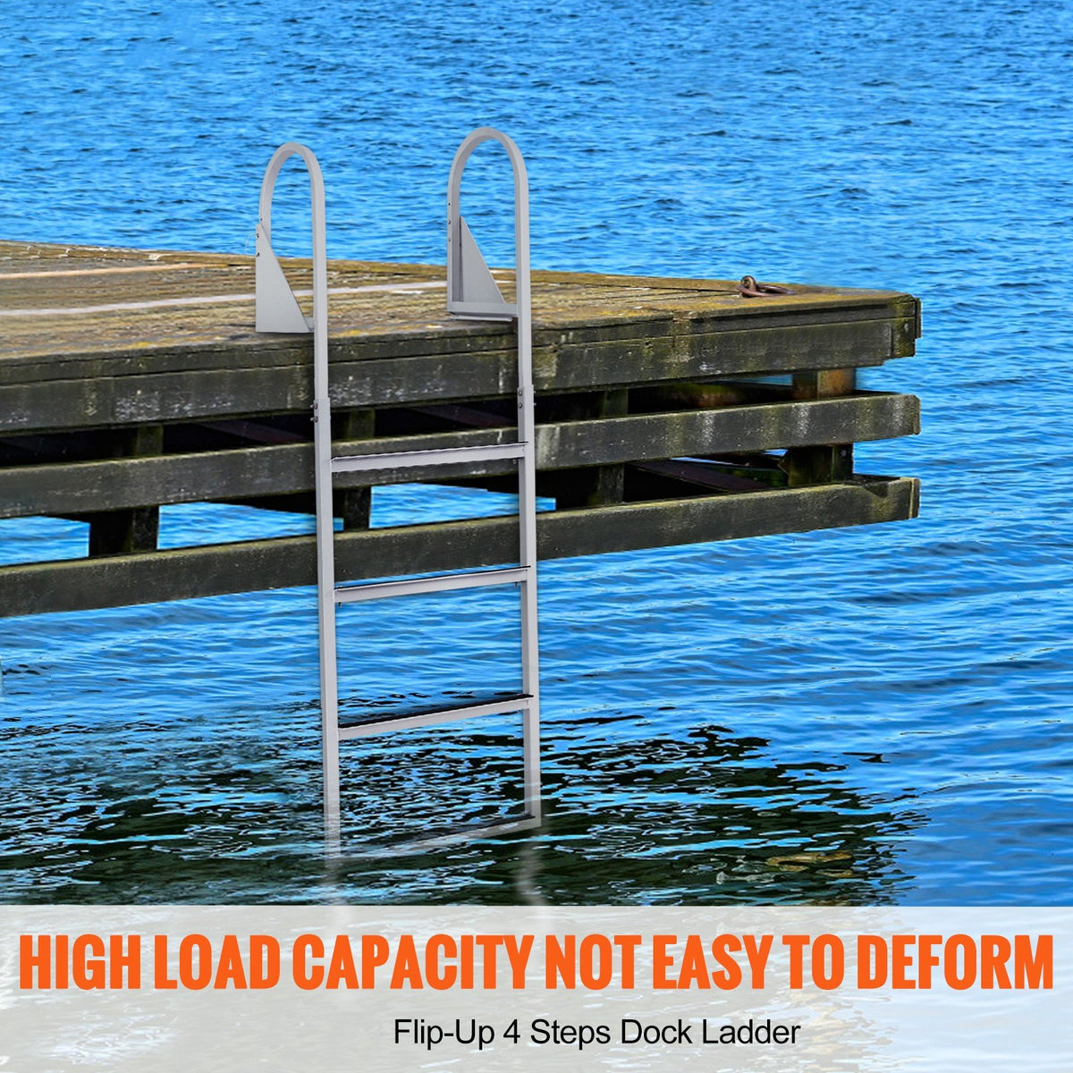 Flip-Up 4-Step Aluminum Dock Ladder, 158.8 kg Capacity, Nonslip Mat