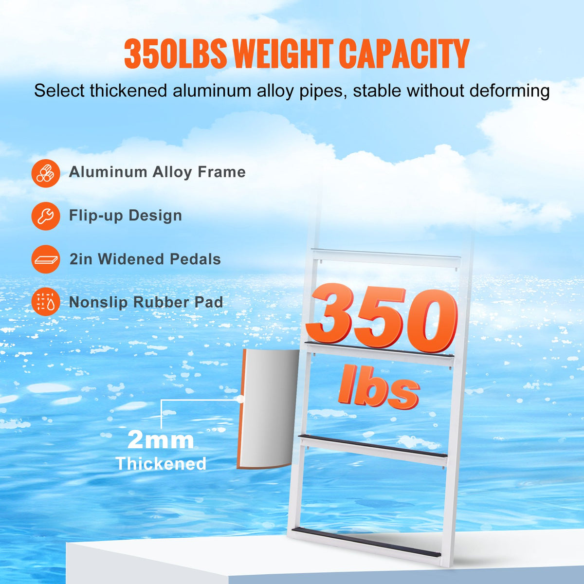 Flip-Up 4-Step Aluminum Dock Ladder, 158.8 kg Capacity, Nonslip Mat