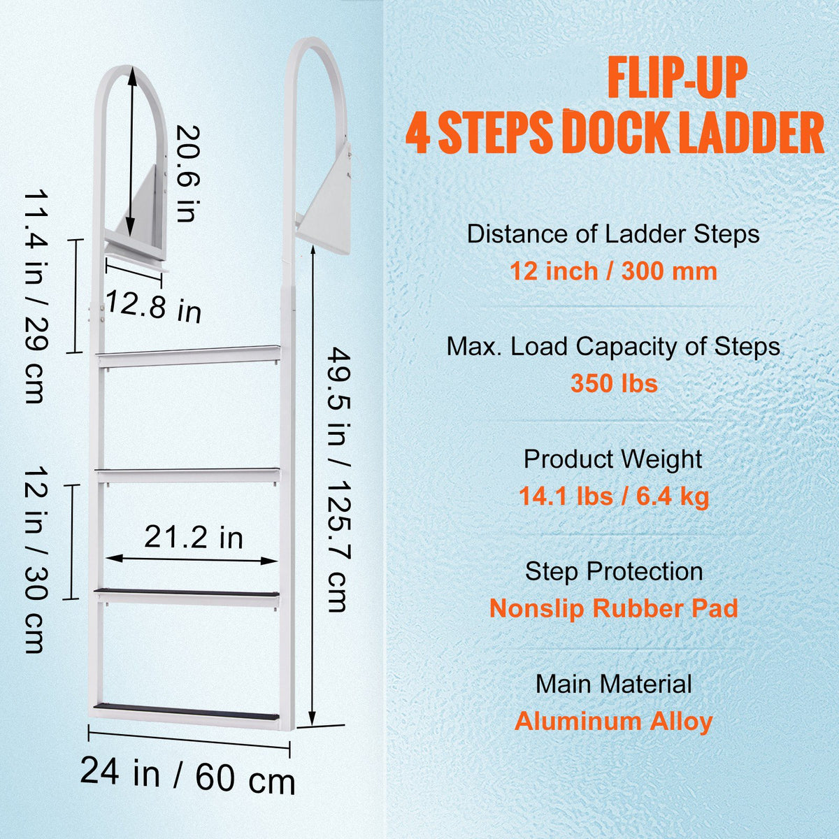 Flip-Up 4-Step Aluminum Dock Ladder, 158.8 kg Capacity, Nonslip Mat