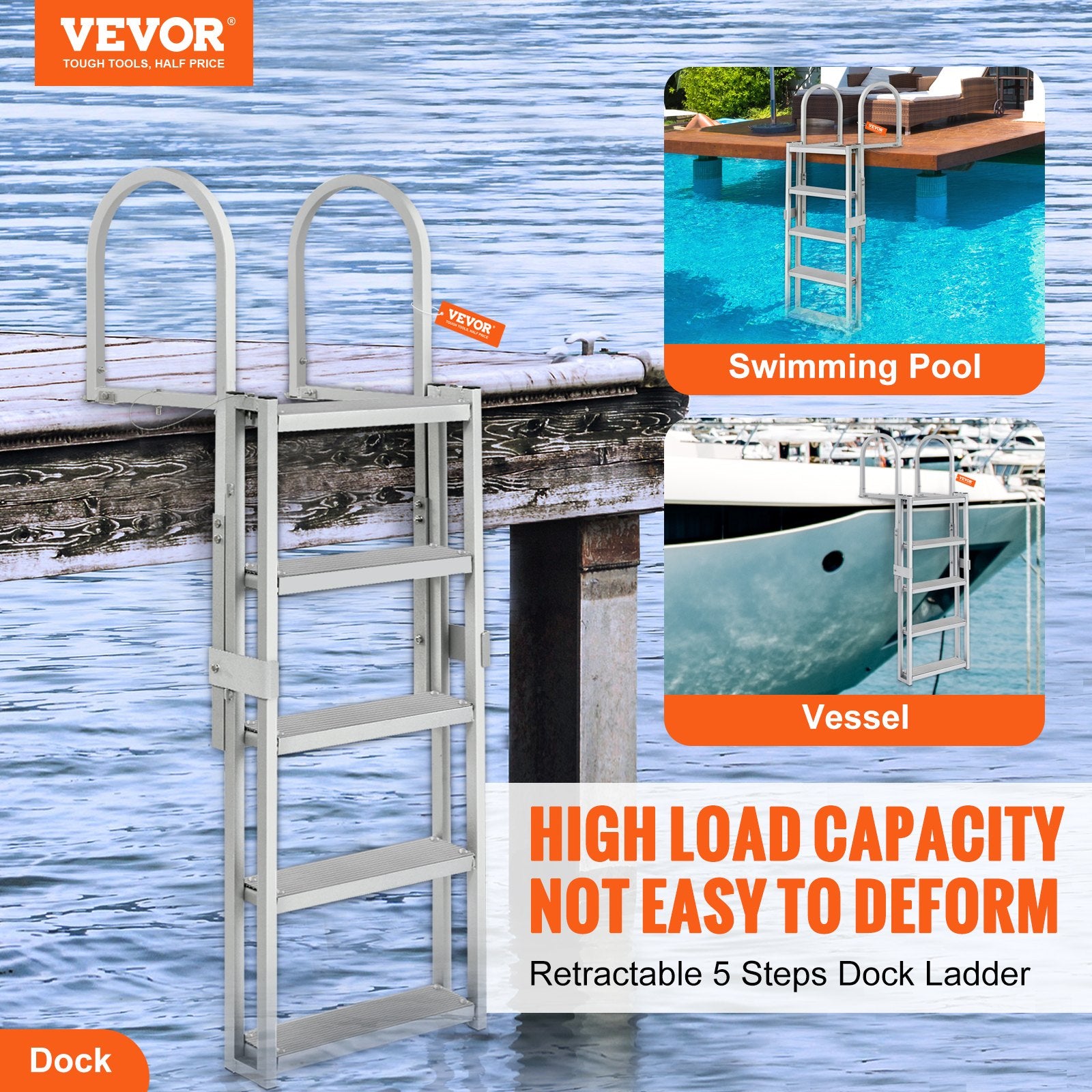 Retractable 5-Step Aluminum Dock Ladder, 350 lbs Capacity, Adjustable Height