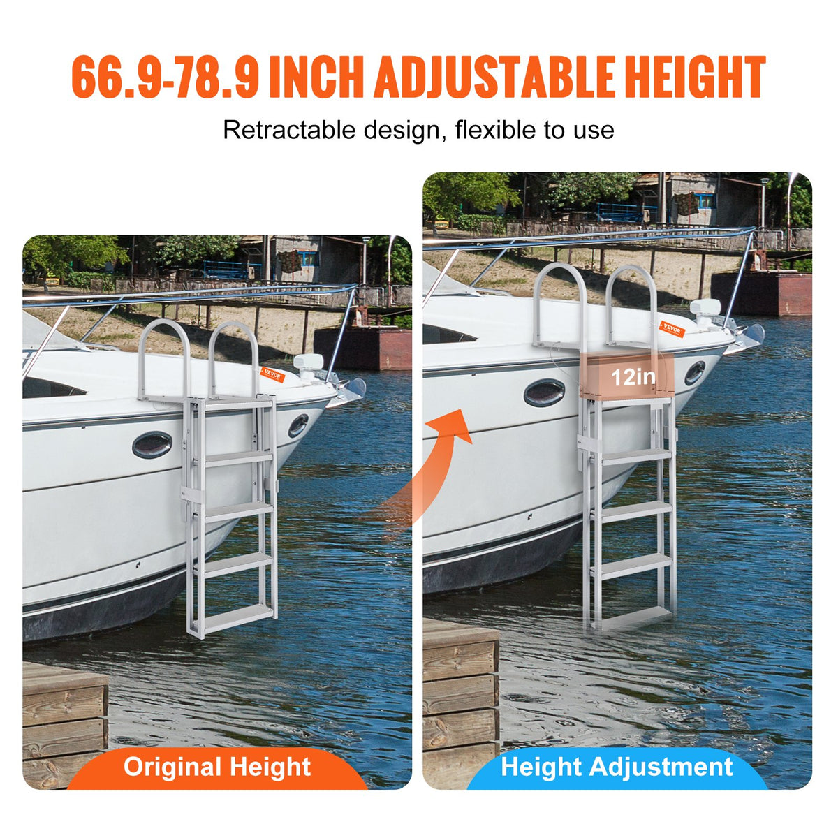 Retractable 5-Step Aluminum Dock Ladder, 350 lbs Capacity, Adjustable Height