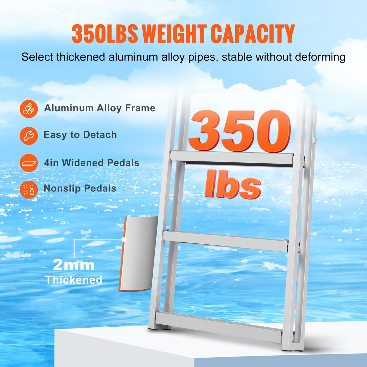 Retractable 5-Step Aluminum Dock Ladder, 350 lbs Capacity, Adjustable Height