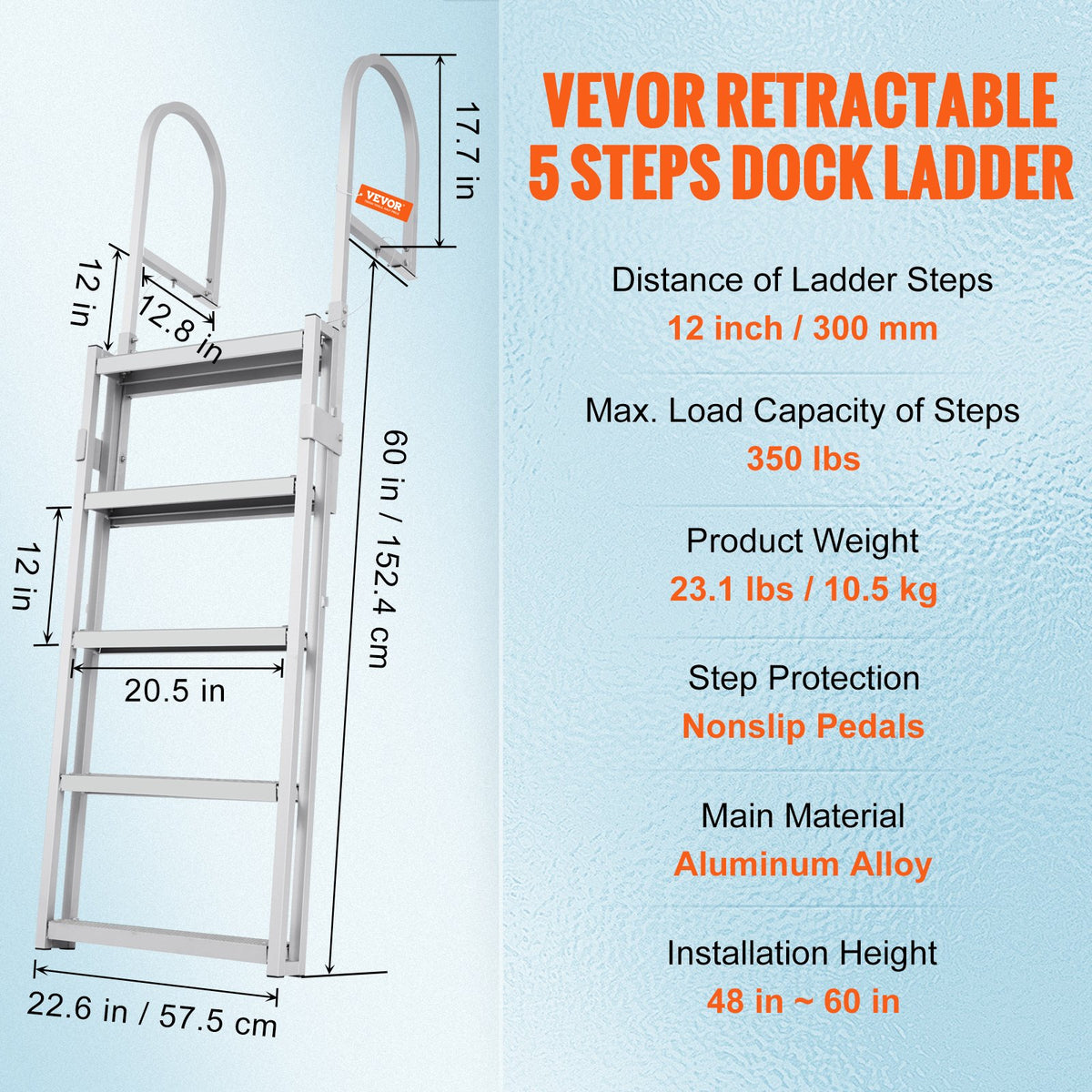 Retractable 5-Step Aluminum Dock Ladder, 350 lbs Capacity, Adjustable Height