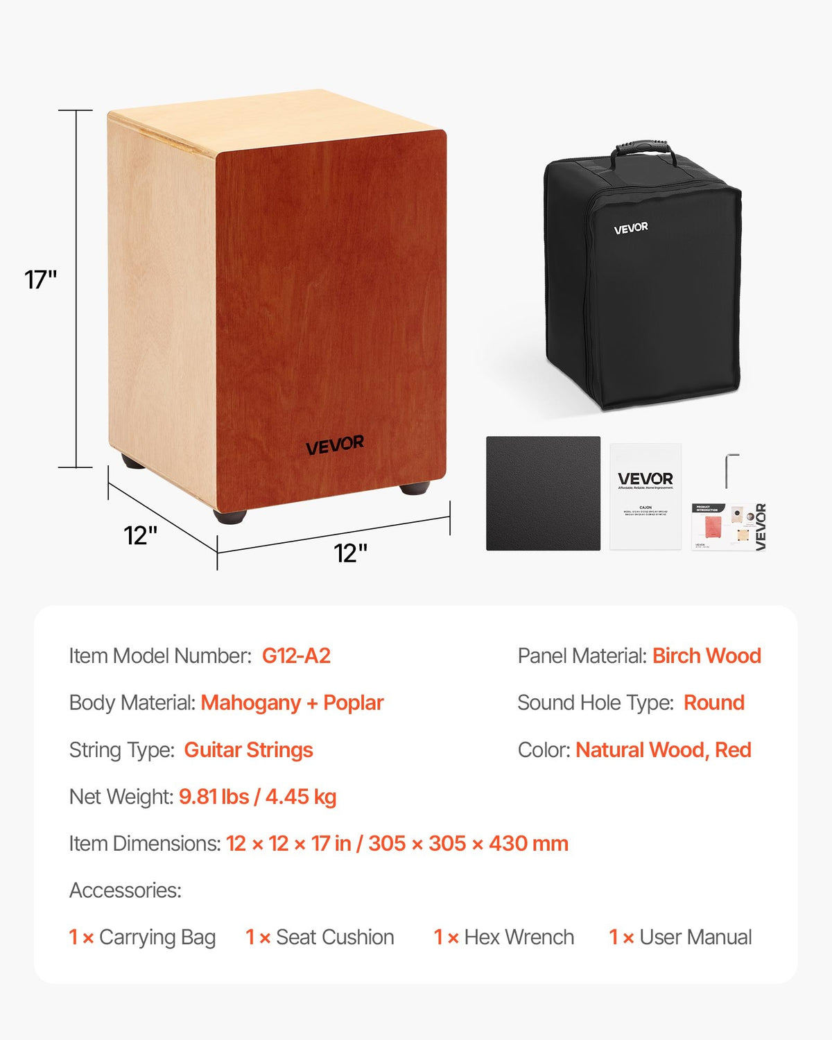 Cajon Box Drum Lightweight Birch Wood Percussion Internal Strings Travel Bag