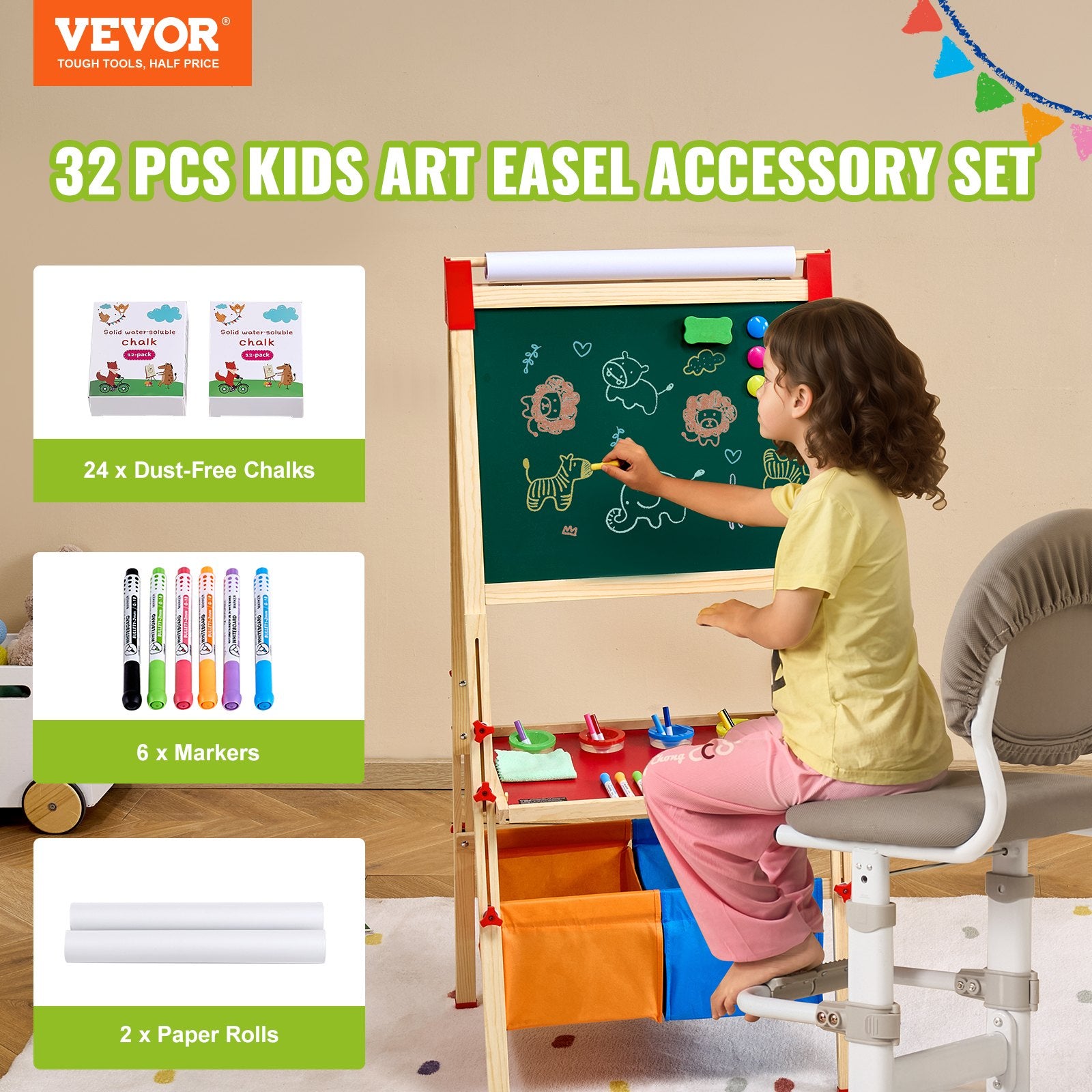 Easel Accessory Set, 32PCS Art Kit with Chalks, Markers & Paper Rolls for Kids