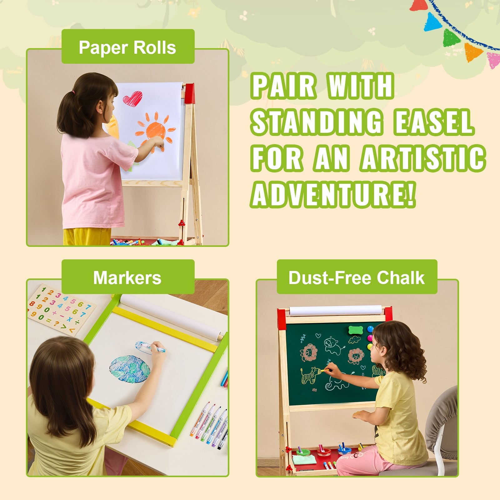 Easel Accessory Set, 32PCS Art Kit with Chalks, Markers & Paper Rolls for Kids