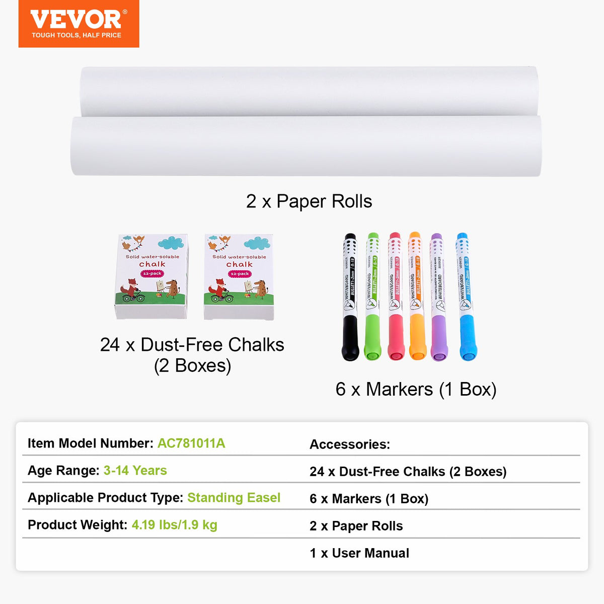 Easel Accessory Set, 32PCS Art Kit with Chalks, Markers & Paper Rolls for Kids
