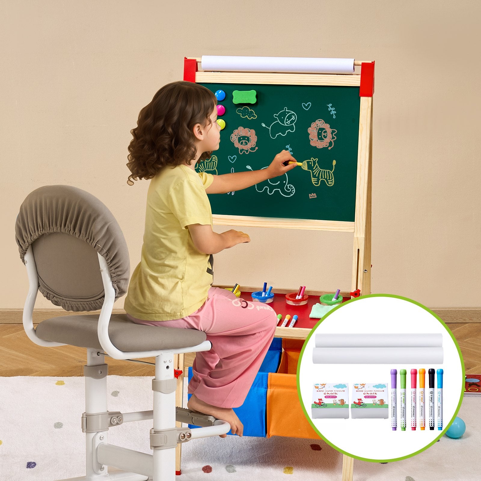Easel Accessory Set, 32PCS Art Kit with Chalks, Markers & Paper Rolls for Kids