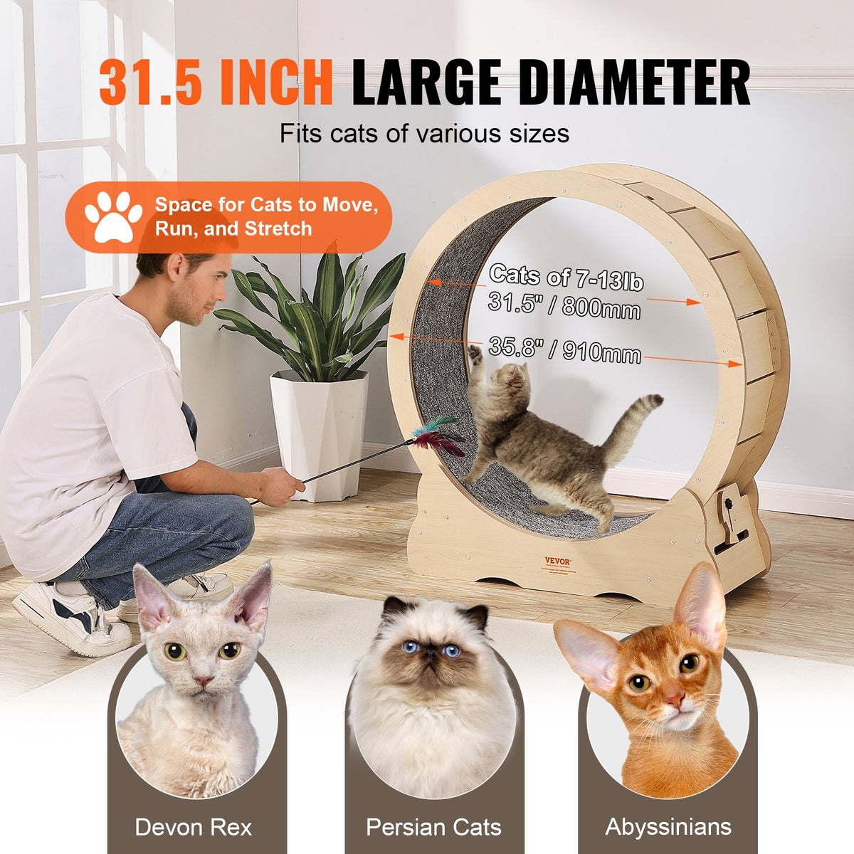 Cat Exercise Wheel 35.8in Large Treadmill Detachable Carpet Cat Teaser