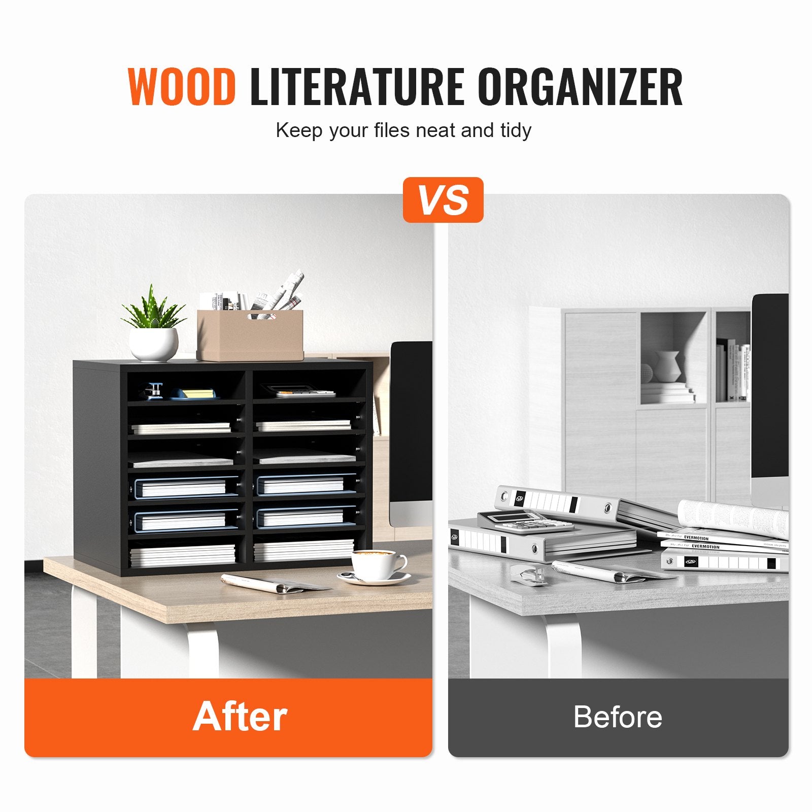 12-Compartment Wood Literature Organizer File Sorter w/ Removable Shelves Black