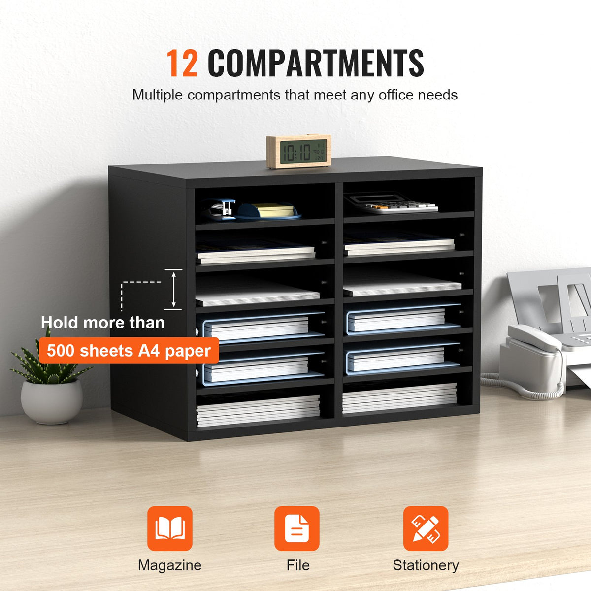 12-Compartment Wood Literature Organizer File Sorter w/ Removable Shelves Black