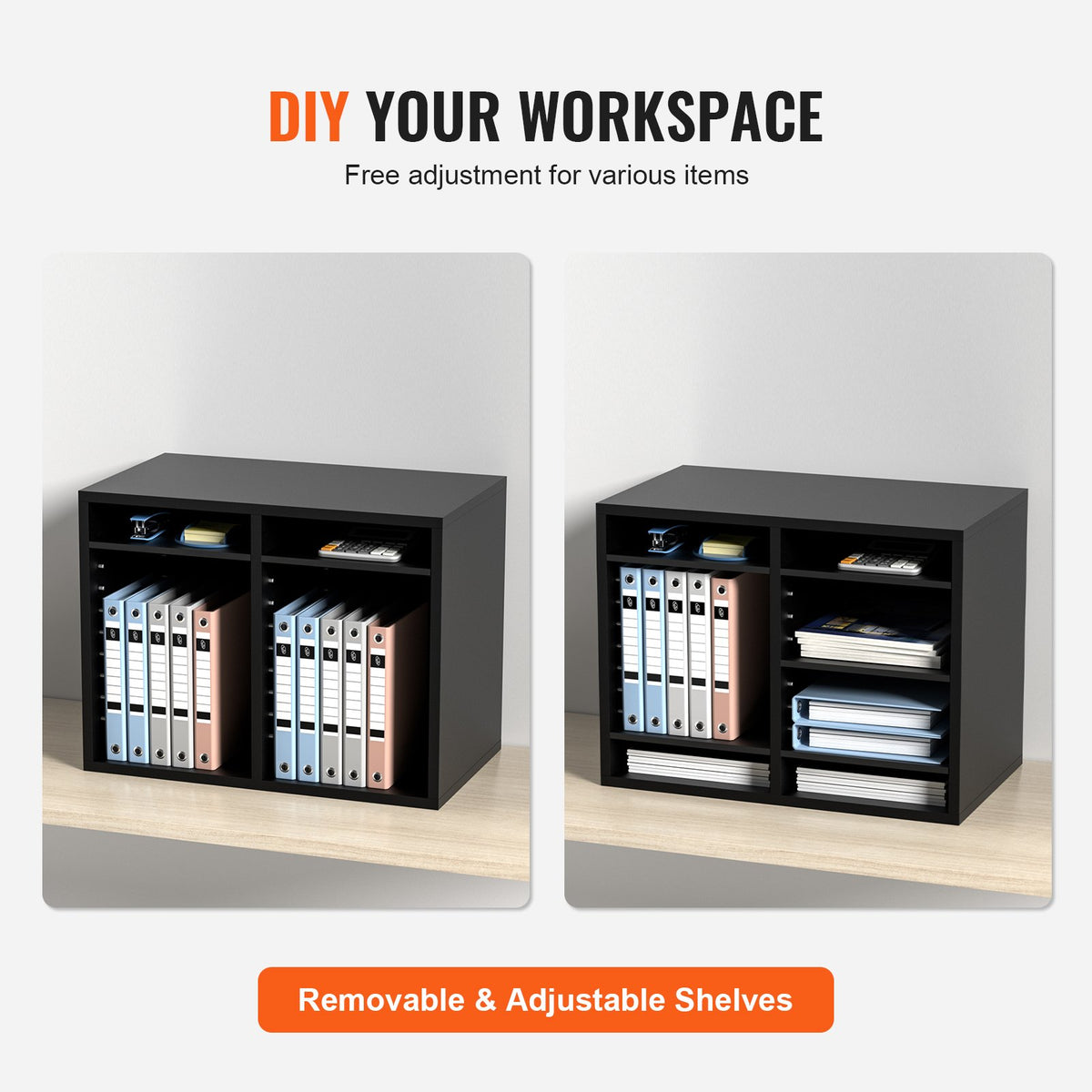 12-Compartment Wood Literature Organizer File Sorter w/ Removable Shelves Black