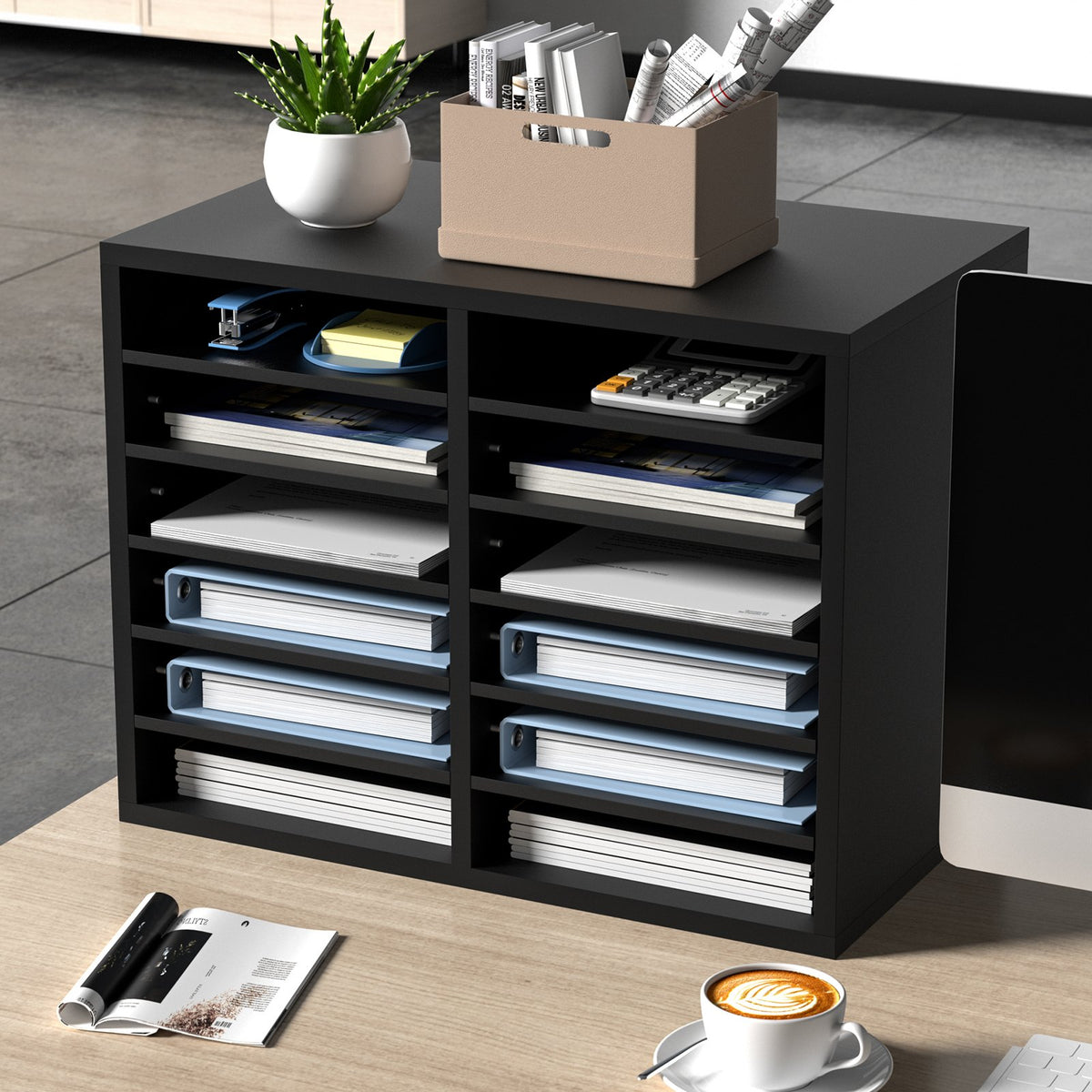 12-Compartment Wood Literature Organizer File Sorter w/ Removable Shelves Black