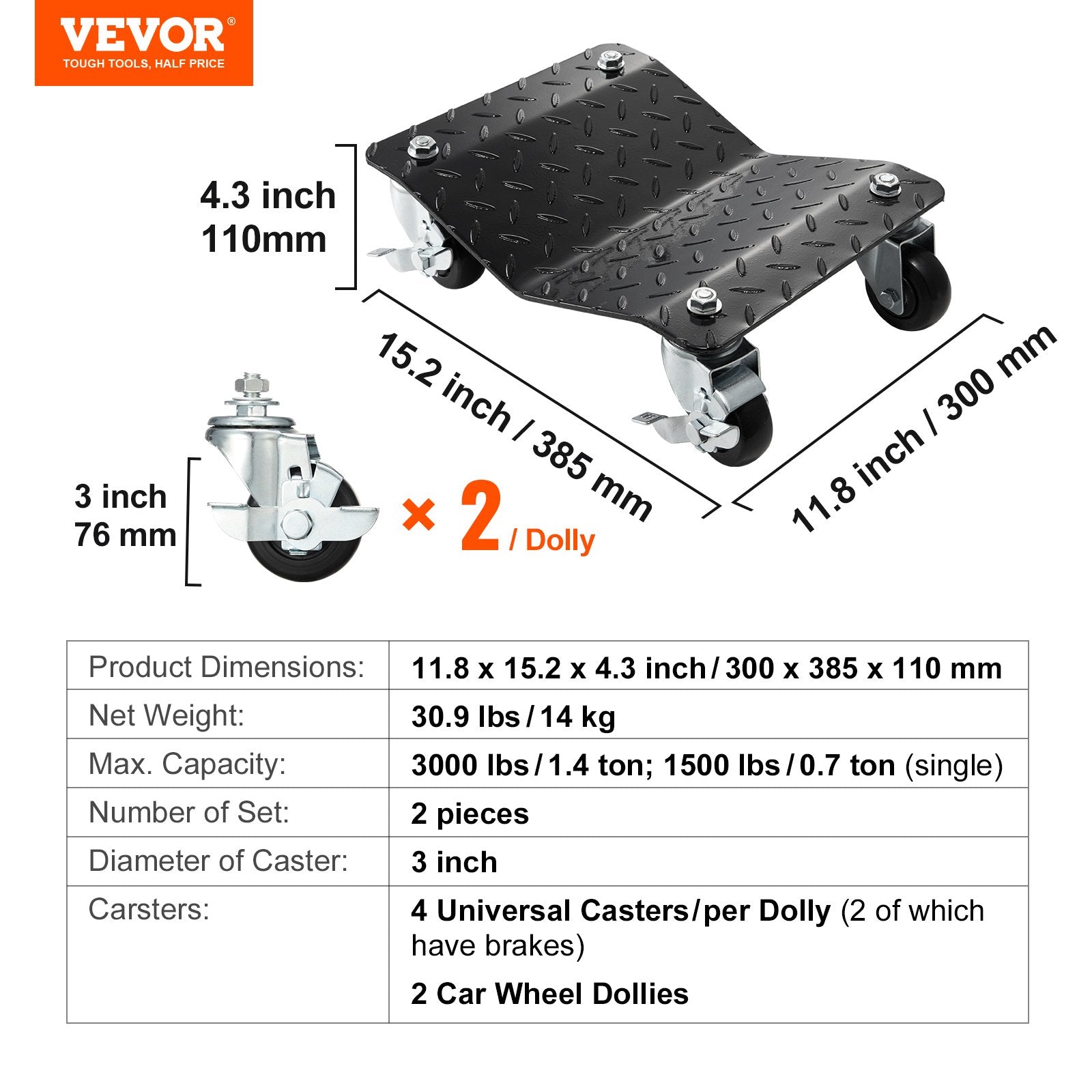 Wheel Dolly Set 2PCS 1360kg Heavy-Duty Car Tire Dollies for Vehicles