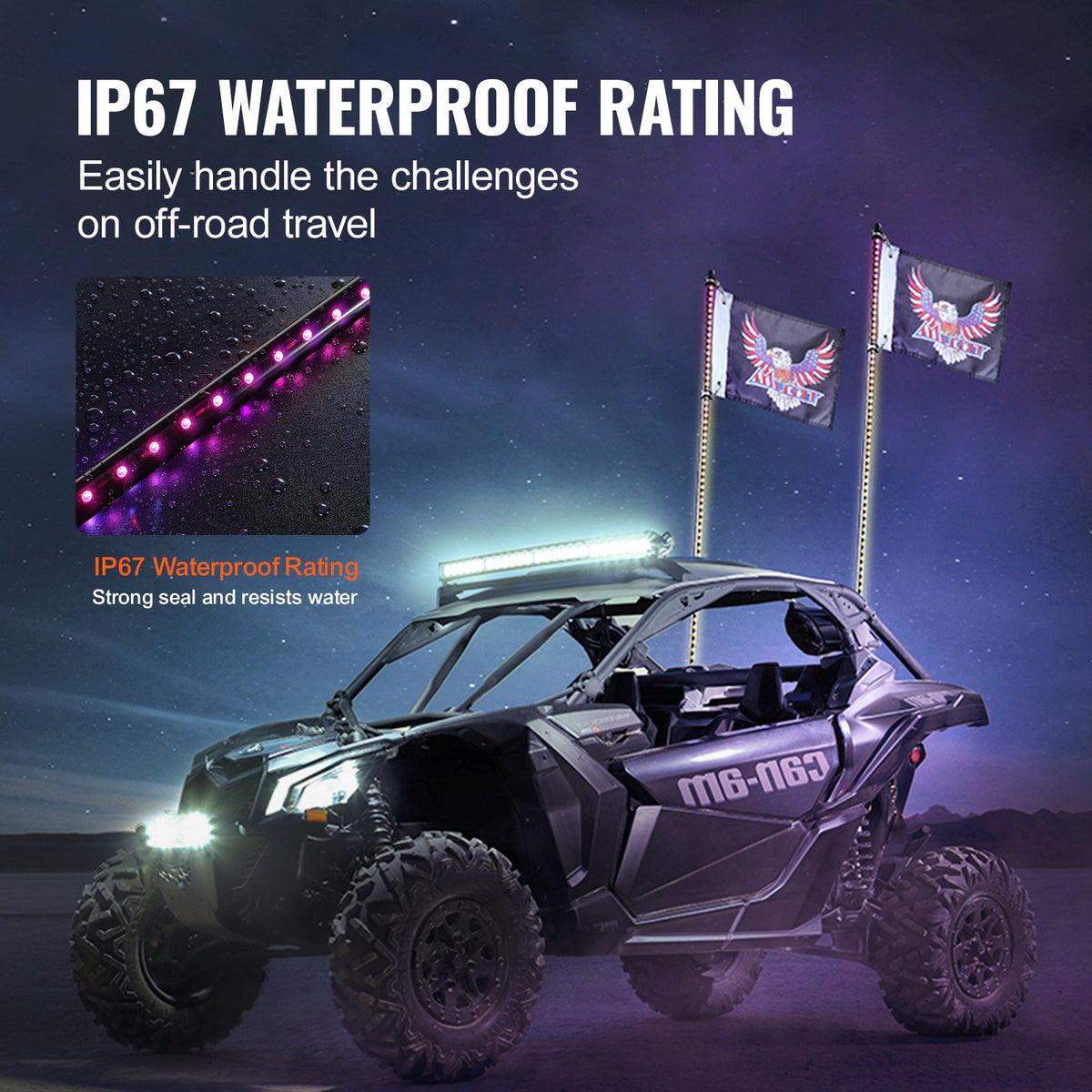 2PCS 3FT Whip Light RGB LED Waterproof with APP & RF Remote for UTV ATV