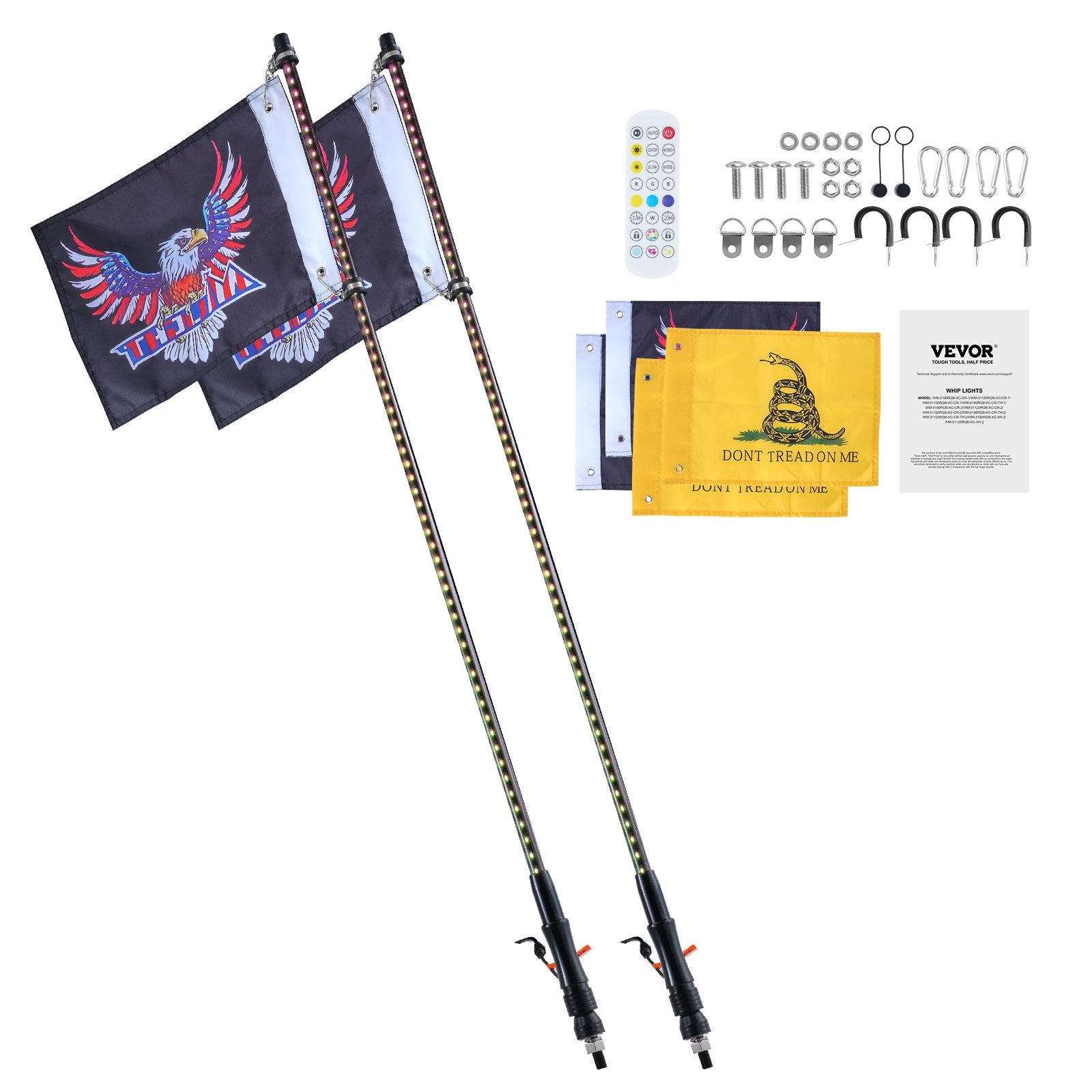 2PCS 3FT Whip Light RGB LED Waterproof with APP & RF Remote for UTV ATV