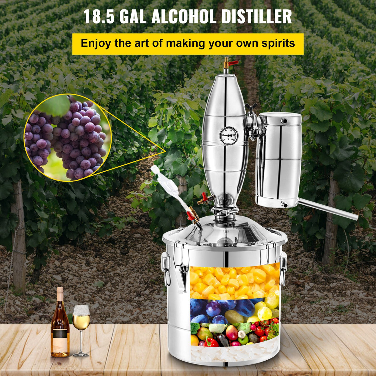 Alcohol Distiller 70L Whiskey Still Kit with Thermometer & Fermentation Tank