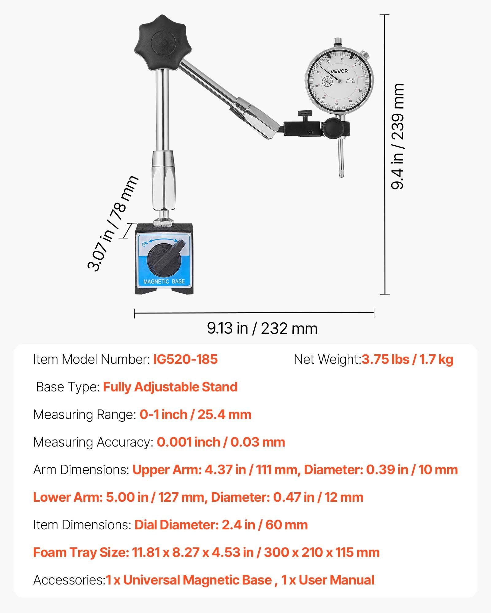 Dial Test Indicator with Magnetic Flexible Base with 0.03 mm Accuracy