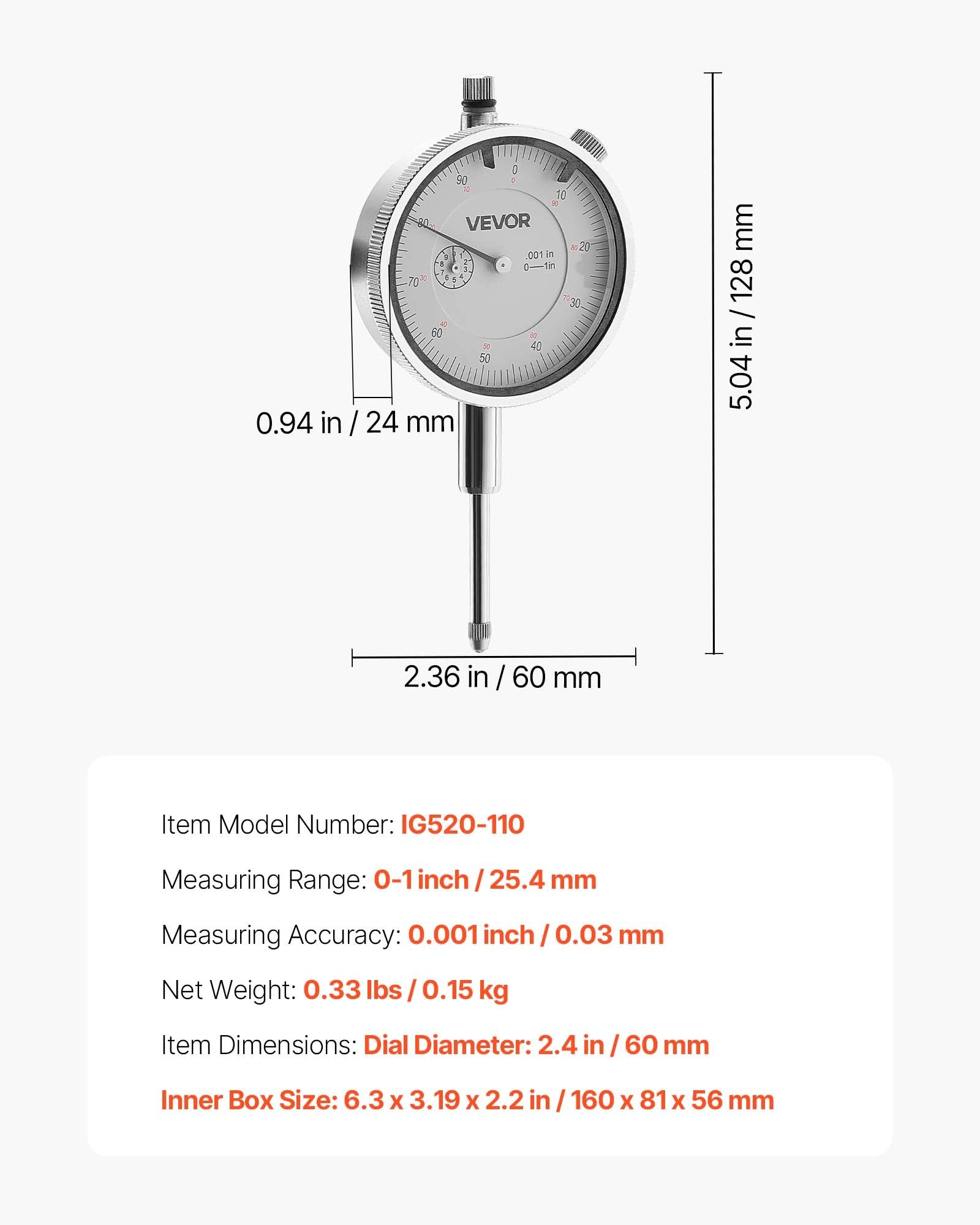 Dial Test Indicator 0.03mm Accuracy 0-25.4mm Range Large Dial Precision