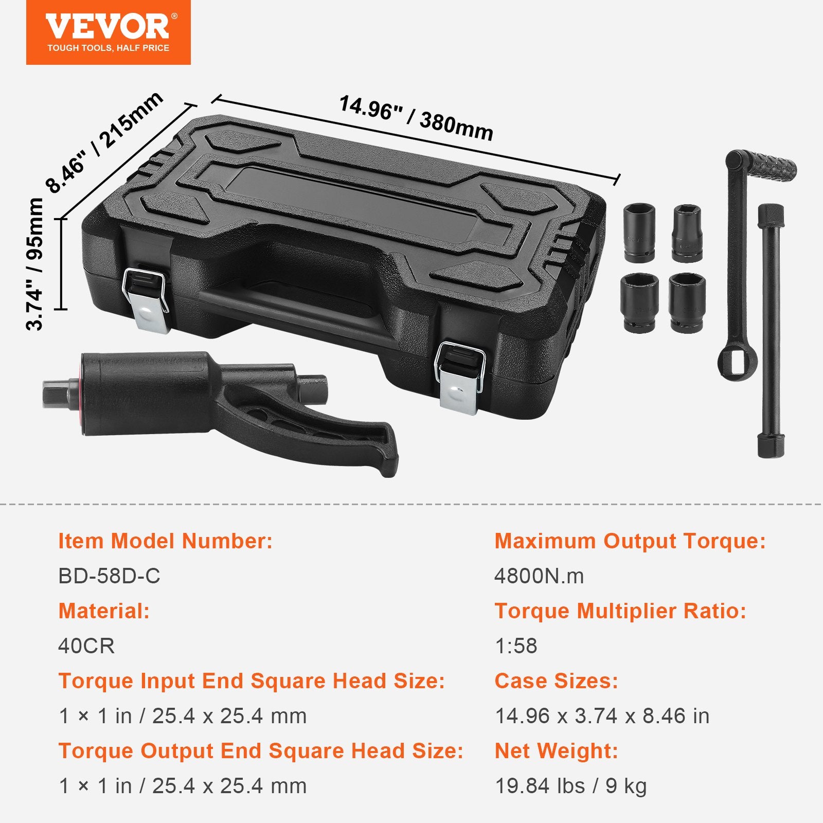 Heavy Duty Torque Multiplier Wrench Set 1" Drive, 1:58 4800N·m, 4 Sockets, Case