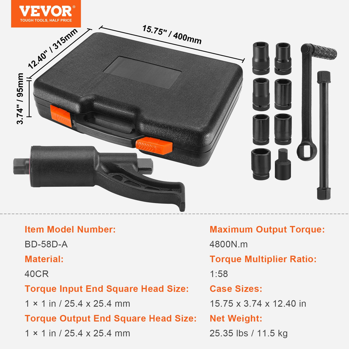 Heavy Duty Torque Multiplier Wrench Set 1" Drive, 1:58 4800N·m, 8 Sockets, Case