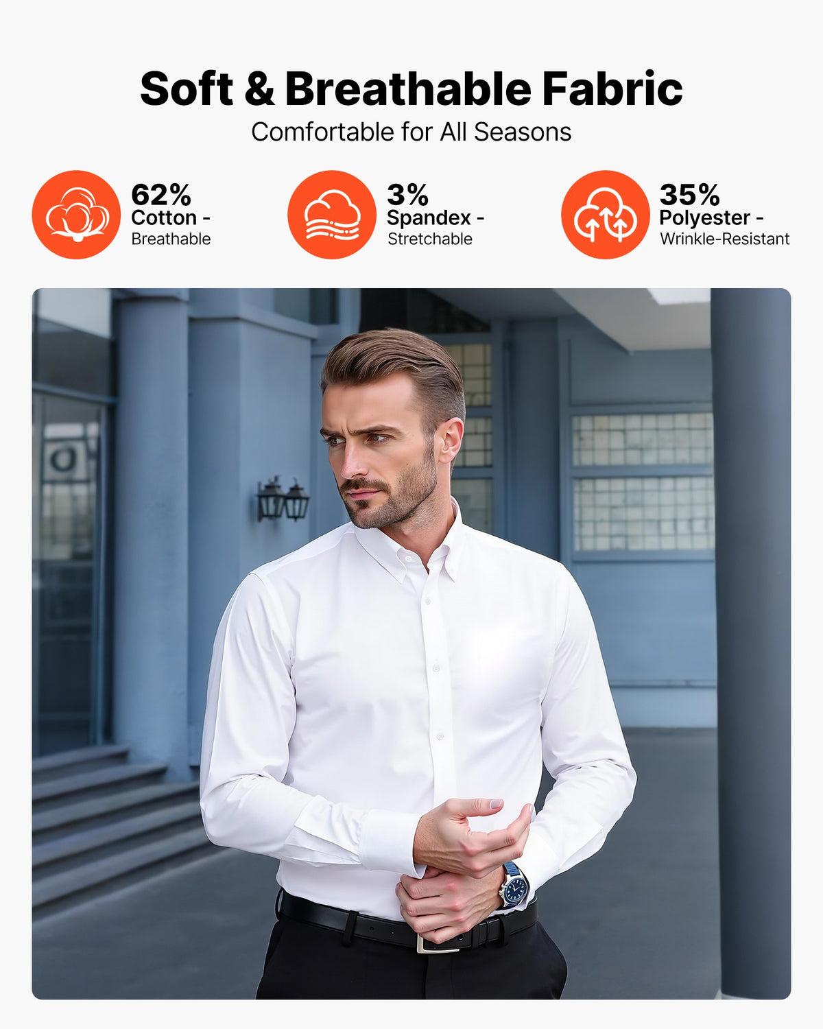 Men's Wrinkle-Free Button Down Shirt Slim Fit Stretch Dress Shirt White
