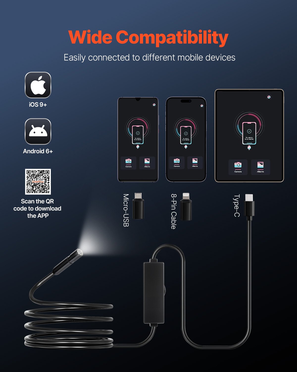 1920P Endoscope Camera w/ Light, Android & iOS, 8 LED, 3m Cable, IP67
