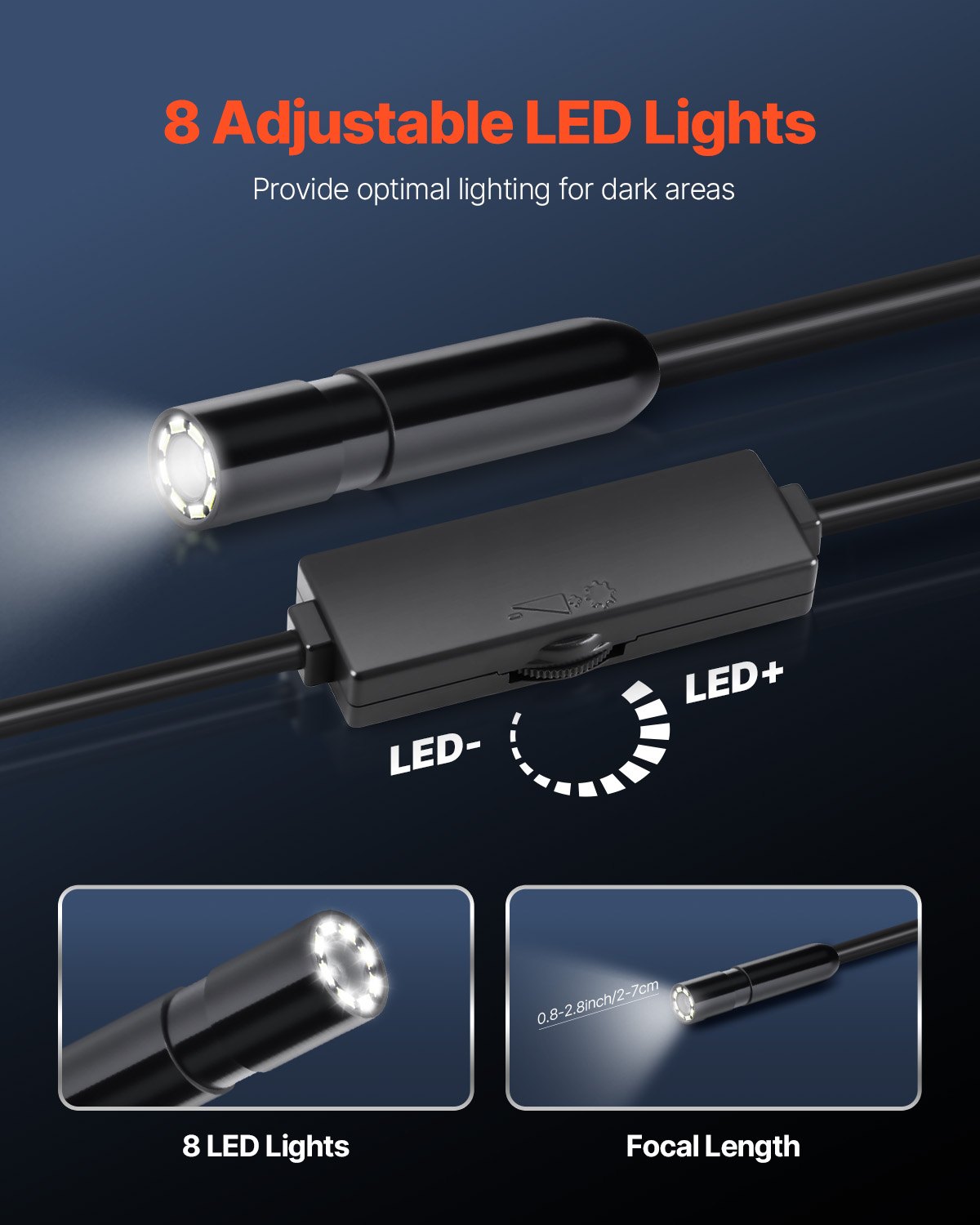 1920P Endoscope Camera w/ Light, Android & iOS, 8 LED, 3m Cable, IP67