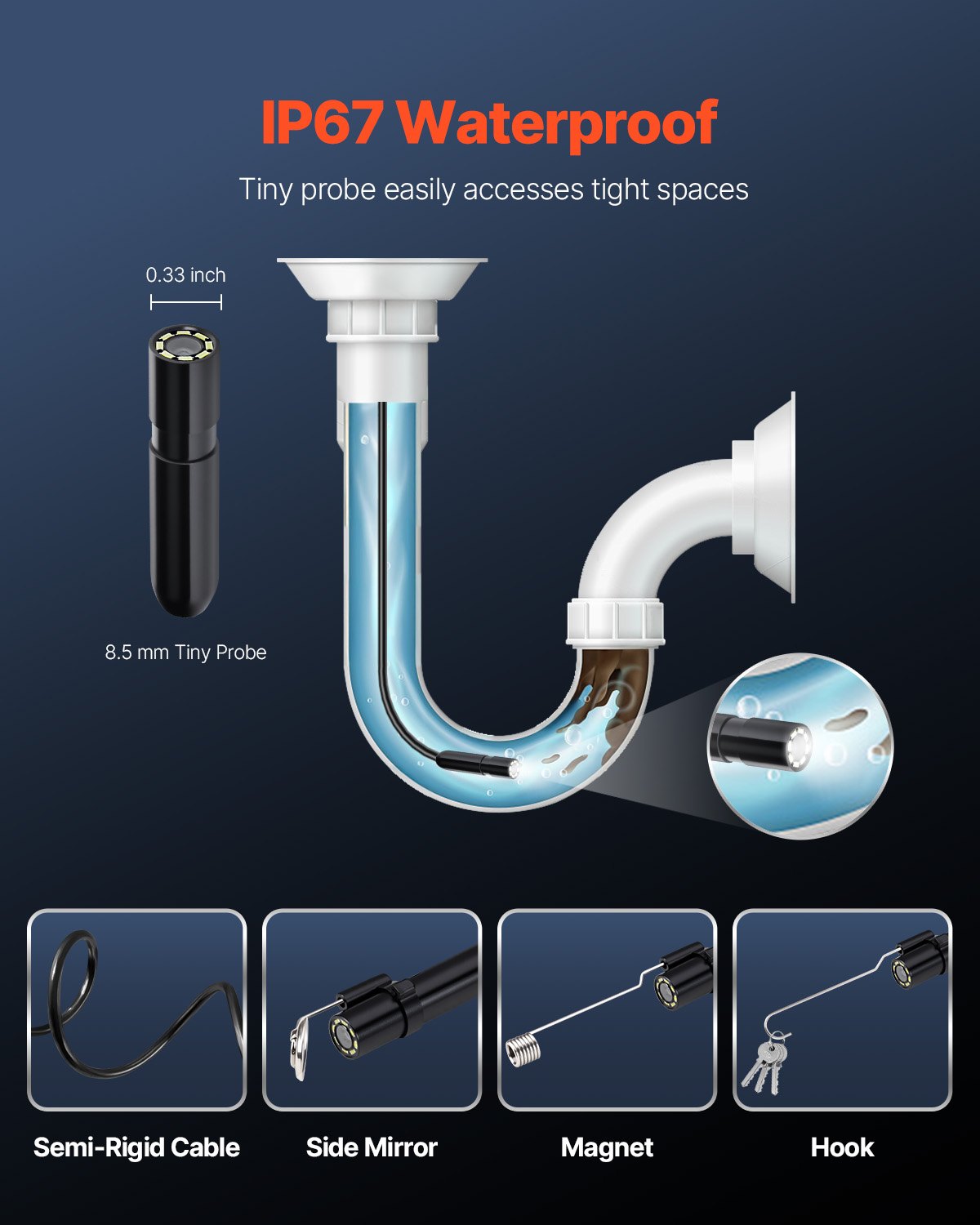 1920P Endoscope Camera w/ Light, Android & iOS, 8 LED, 3m Cable, IP67