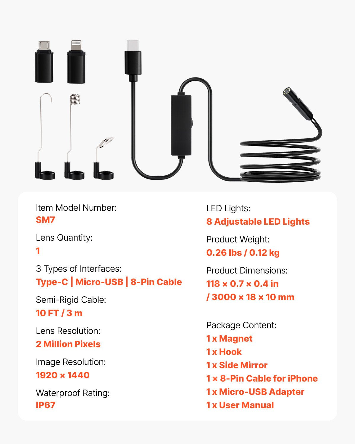 1920P Endoscope Camera w/ Light, Android & iOS, 8 LED, 3m Cable, IP67