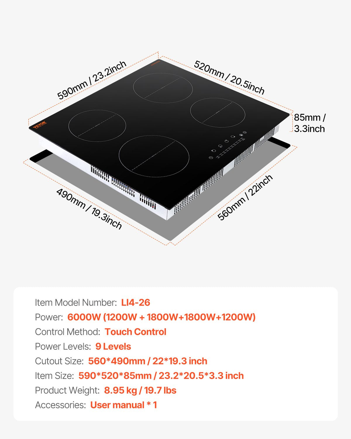 Induction Cooktop, 6000W Electric Countertop 4-Burner Touch Control Stove