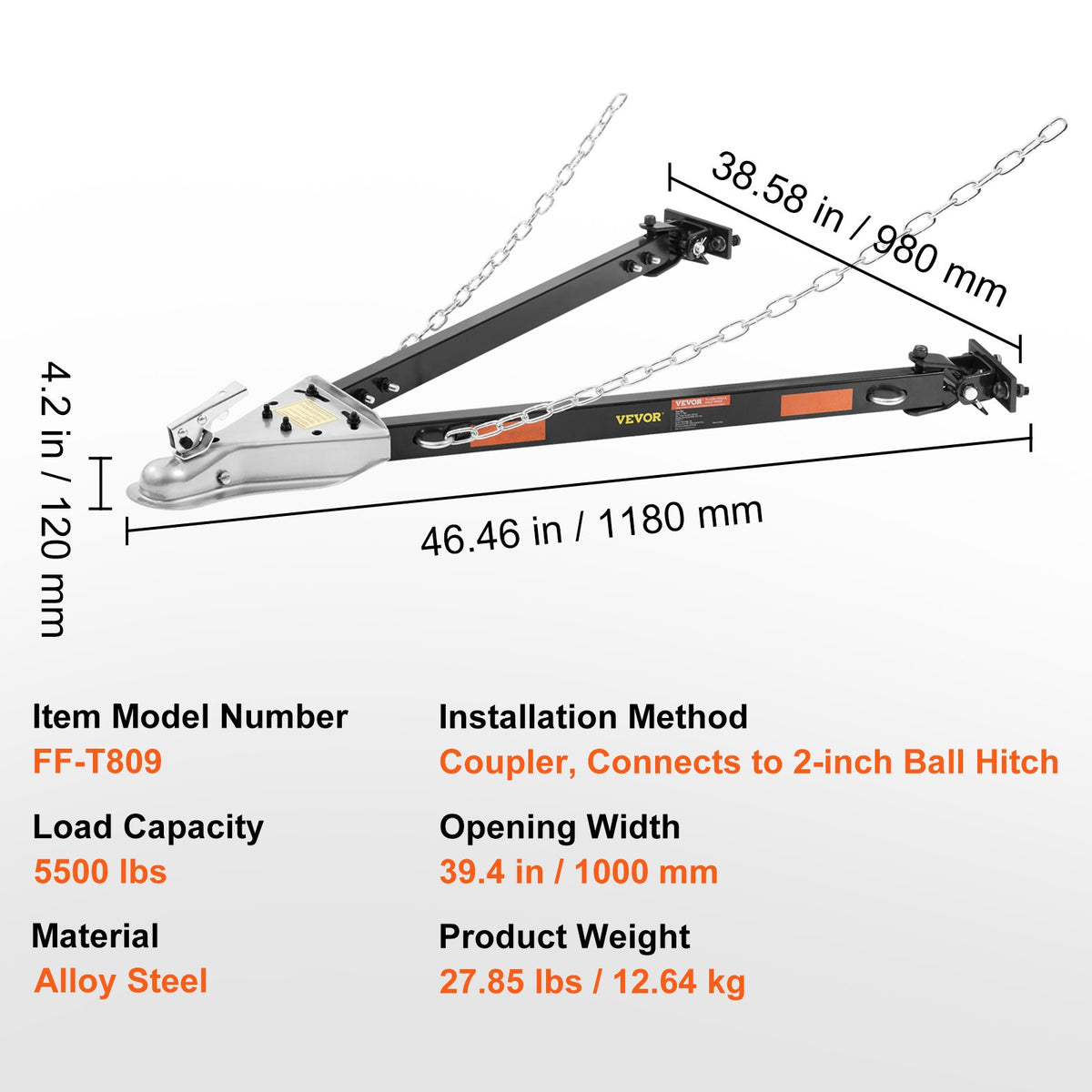 Tow Bar 2495kg Towing Capacity Alloy Steel Universal Bumper-Mounted with Chains