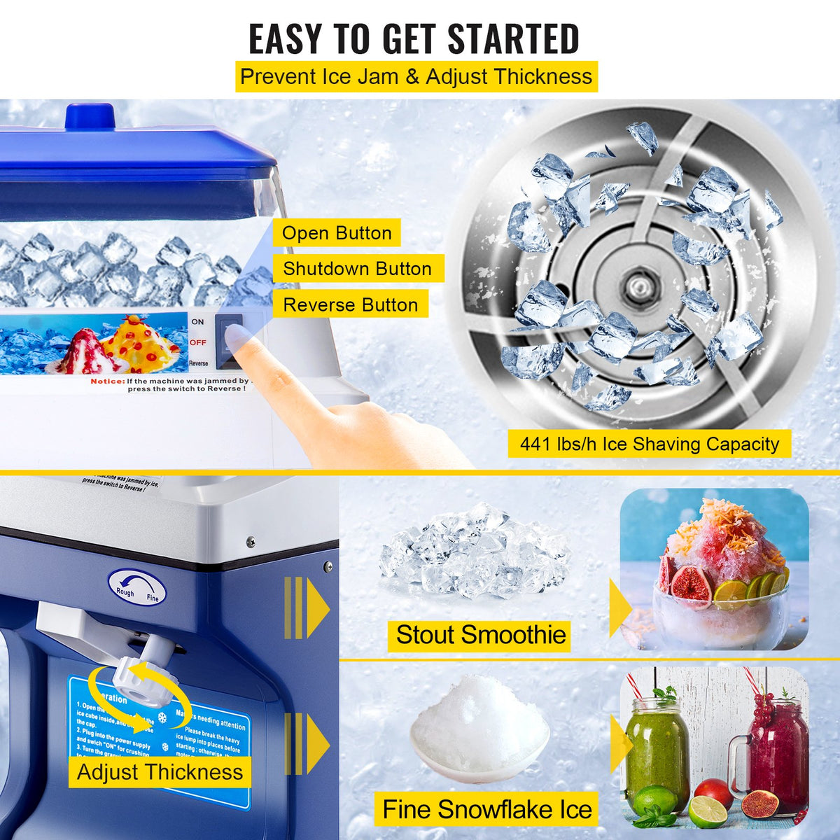 Ice Shaver Commercial 441LBS/H 11LBS Hopper 300W Electric Snow Cone Ice Maker
