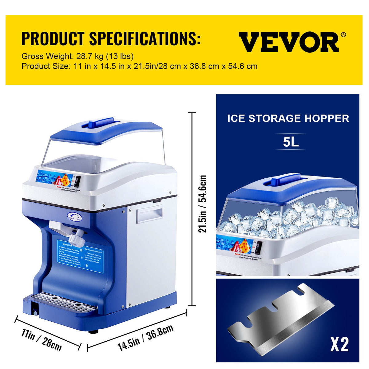 Ice Shaver Commercial 441LBS/H 11LBS Hopper 300W Electric Snow Cone Ice Maker