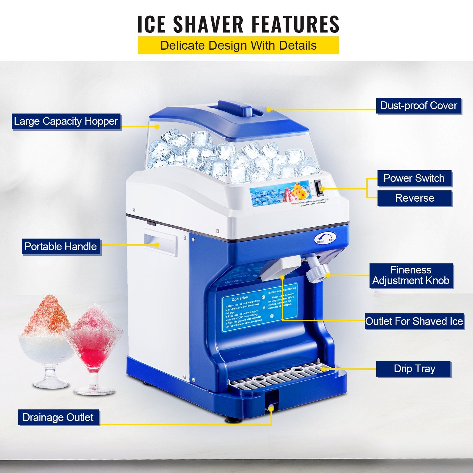 Ice Shaver Commercial 441LBS/H 11LBS Hopper 300W Electric Snow Cone Ice Maker