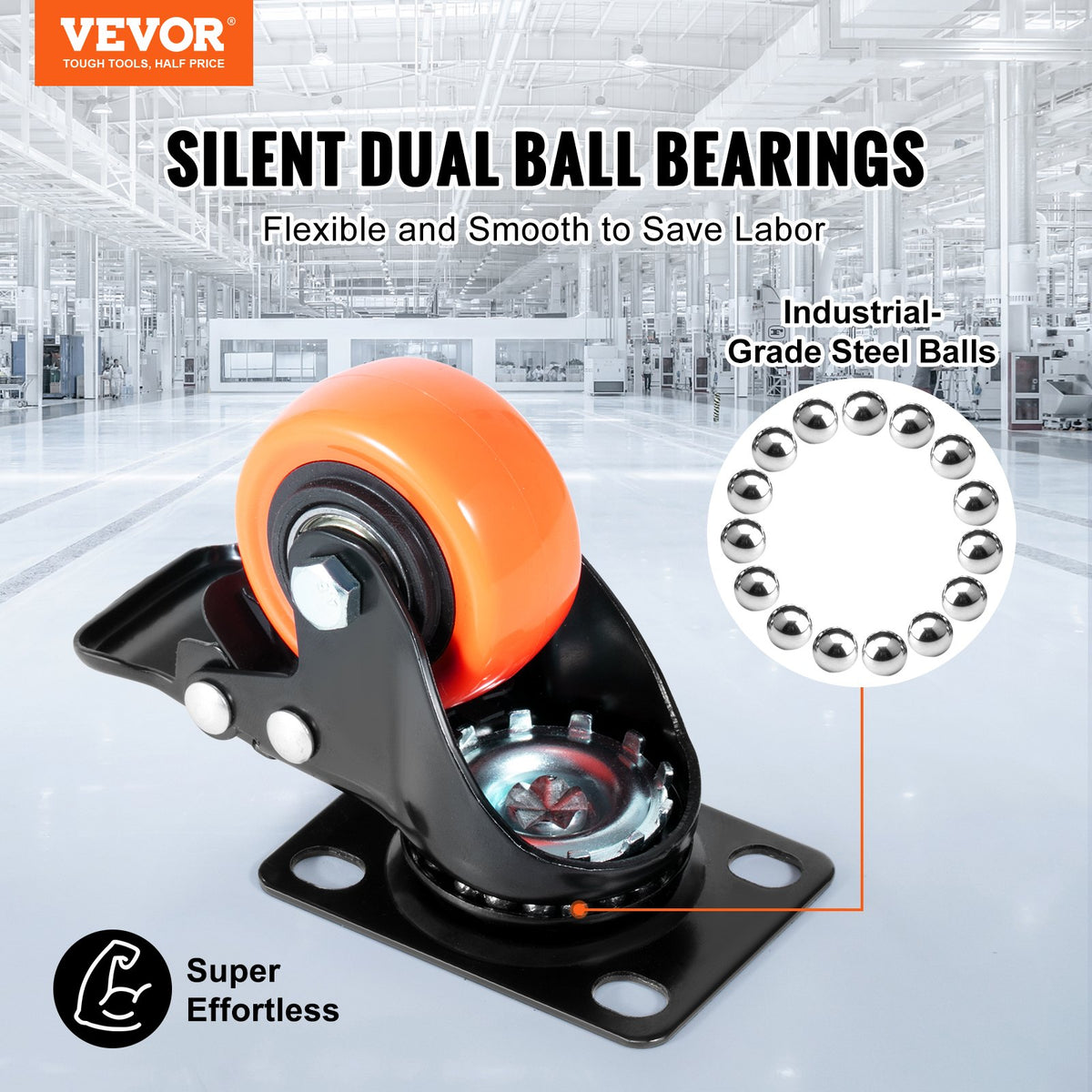4PCS 50.8mm Swivel Caster Wheels, Dual Lock PVC, 68kg Load, Non-Marking
