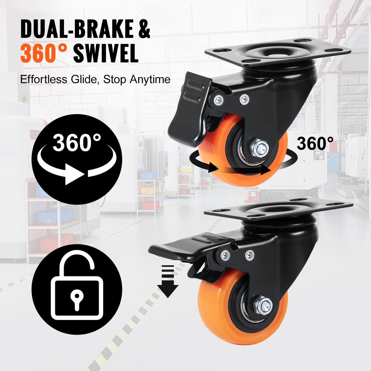 4PCS 50.8mm Swivel Caster Wheels, Dual Lock PVC, 68kg Load, Non-Marking