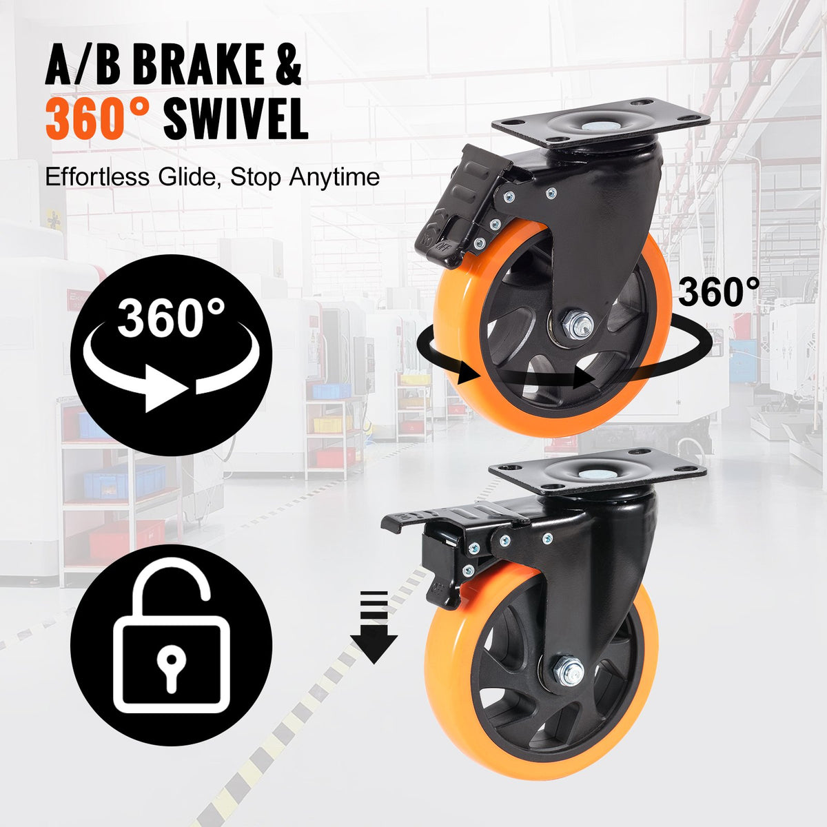 4PCS 127mm Swivel Caster Wheels, Dual Lock PVC, 204kg Load, Non-Marking