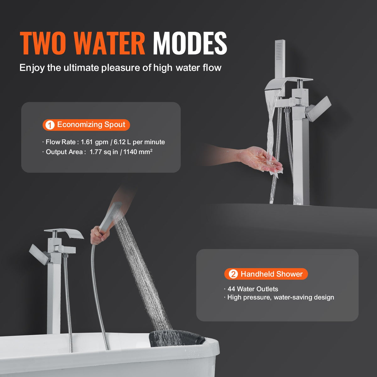 Freestanding Bathtub Faucet Floor Mount 360° Swivel Dual Mode