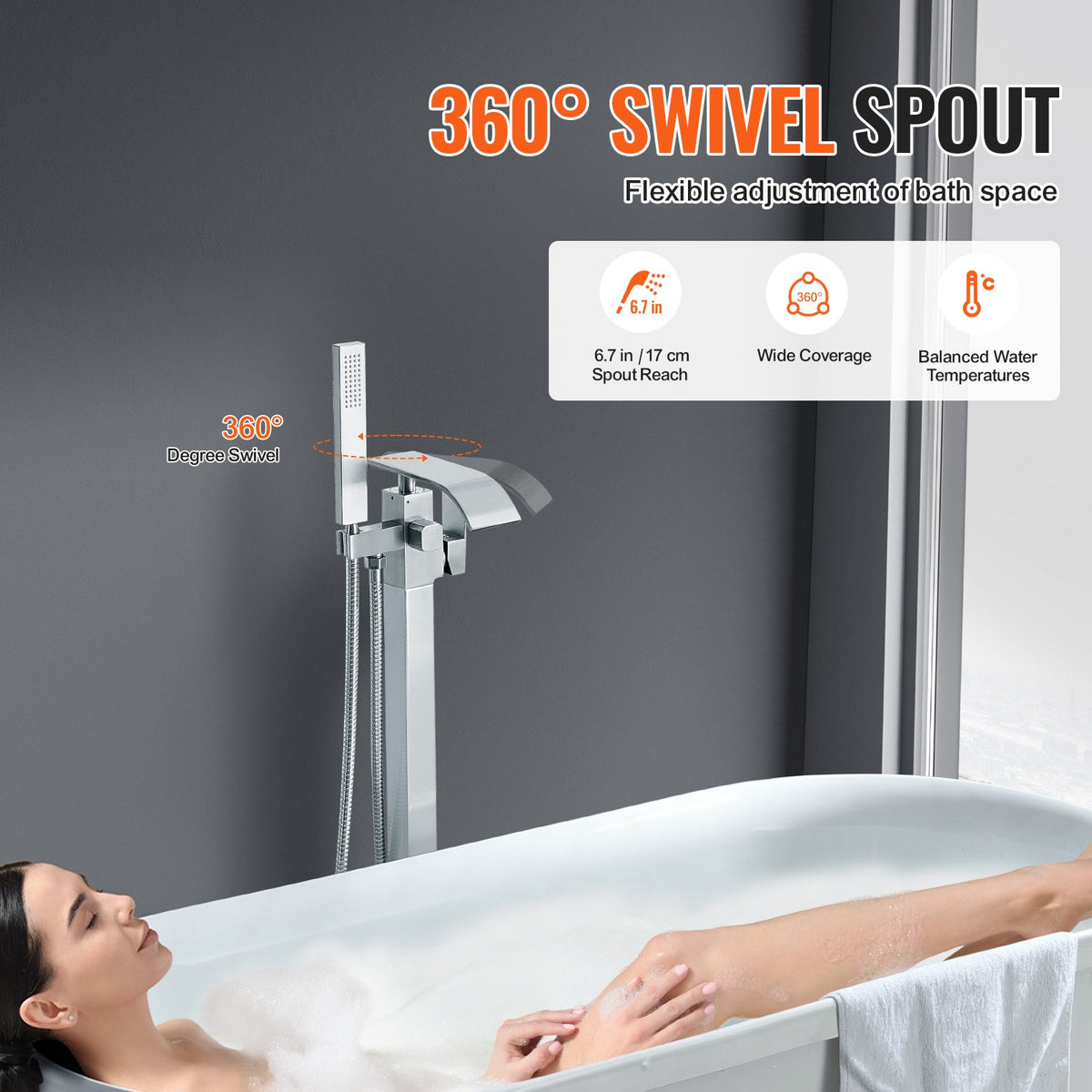 Freestanding Bathtub Faucet Floor Mount 360° Swivel Dual Mode