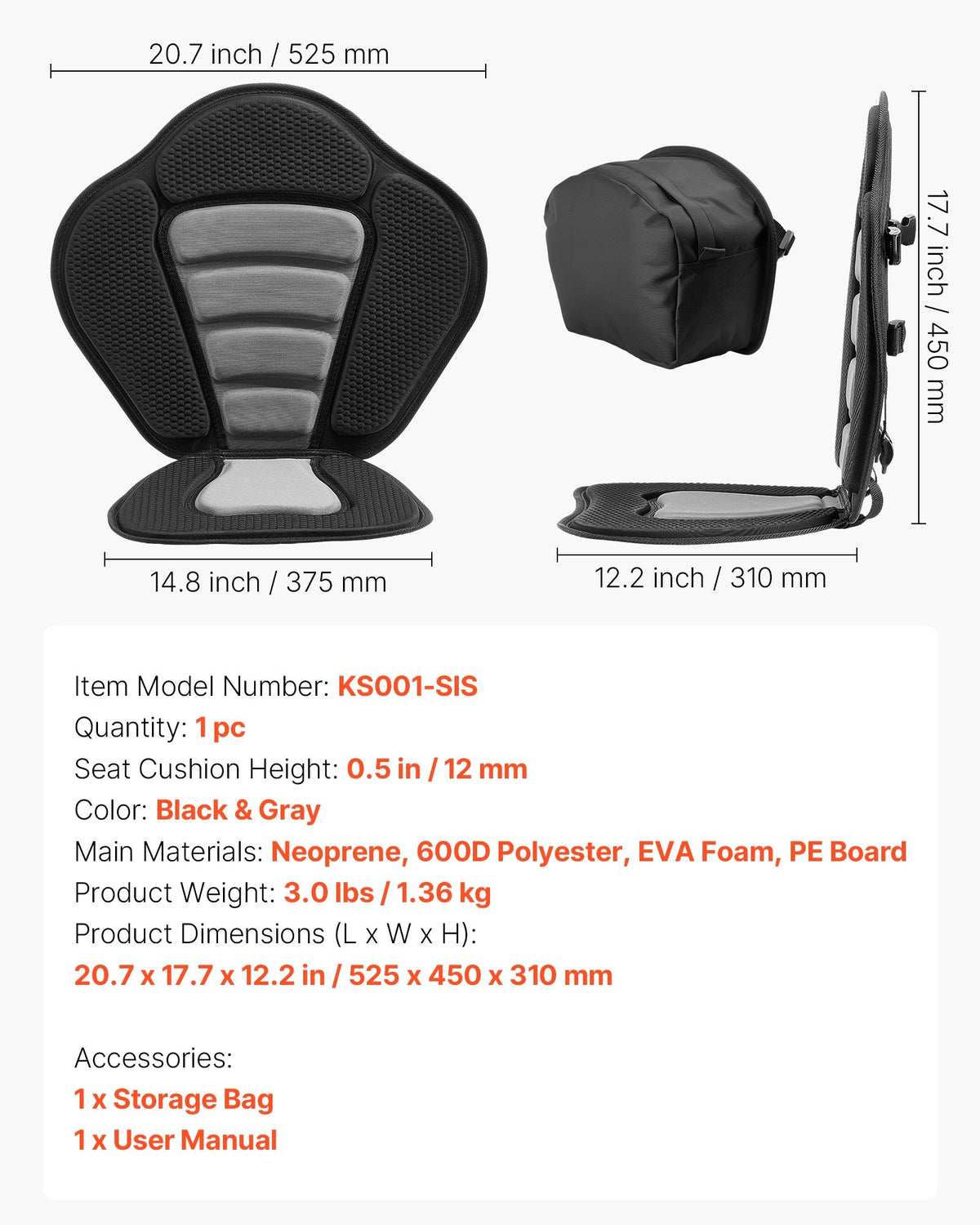 12mm Thick Kayak Seat Universal SUP Paddle Board Seat Back Support Storage Bag