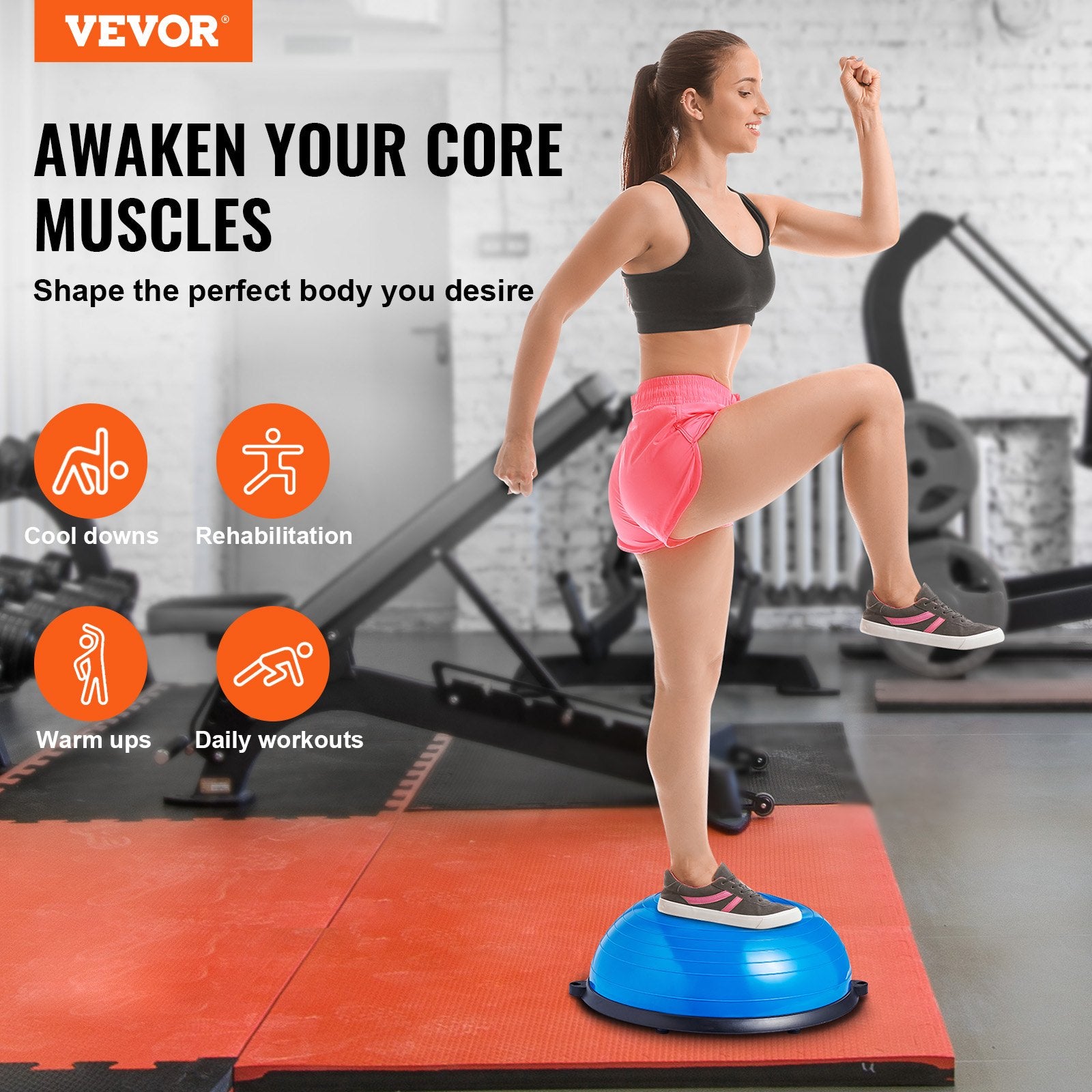 Half Exercise Ball Trainer 23in Balance 660lbs Resistance Bands Foot Pump Blue