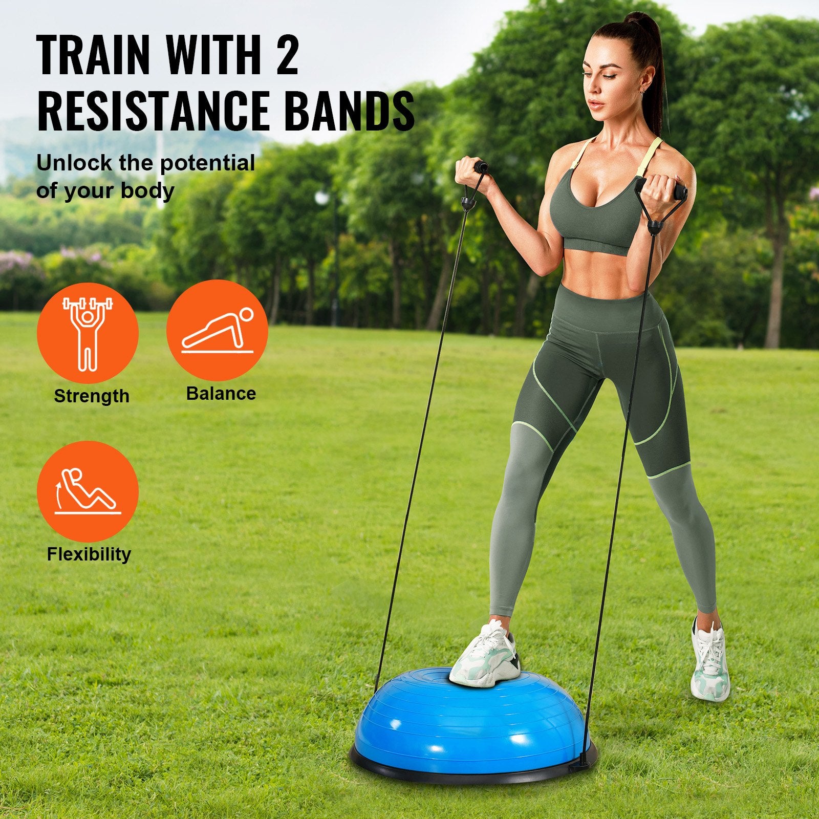 Half Exercise Ball Trainer 23in Balance 660lbs Resistance Bands Foot Pump Blue