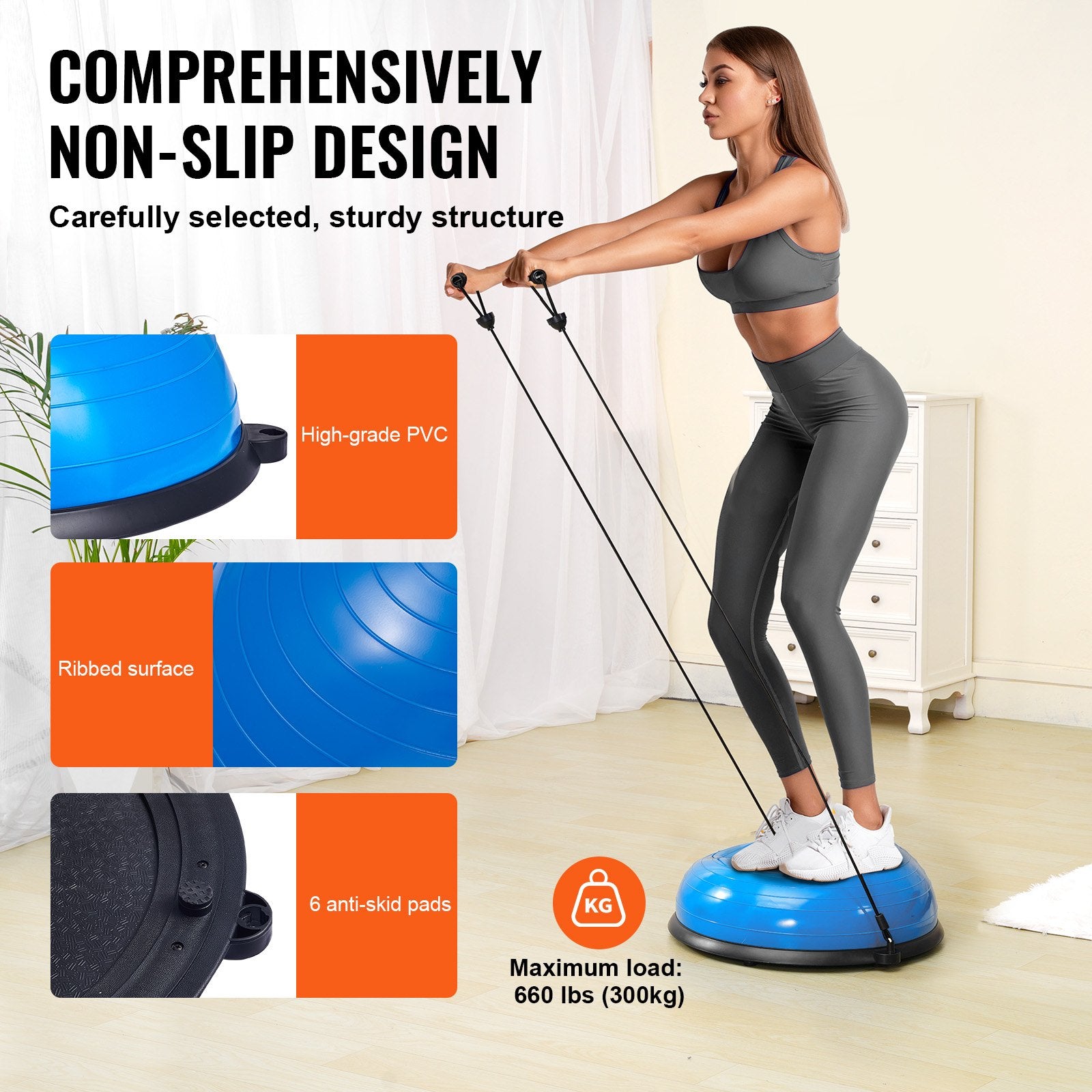 Half Exercise Ball Trainer 23in Balance 660lbs Resistance Bands Foot Pump Blue