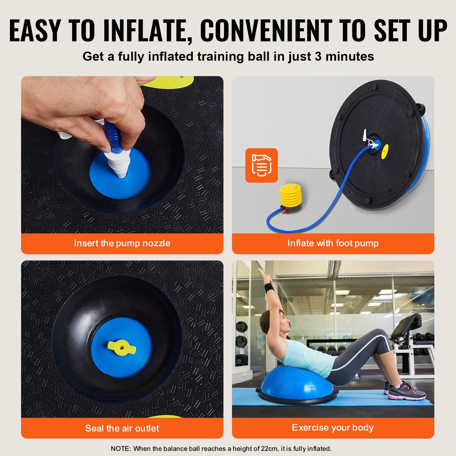 Half Exercise Ball Trainer 23in Balance 660lbs Resistance Bands Foot Pump Blue