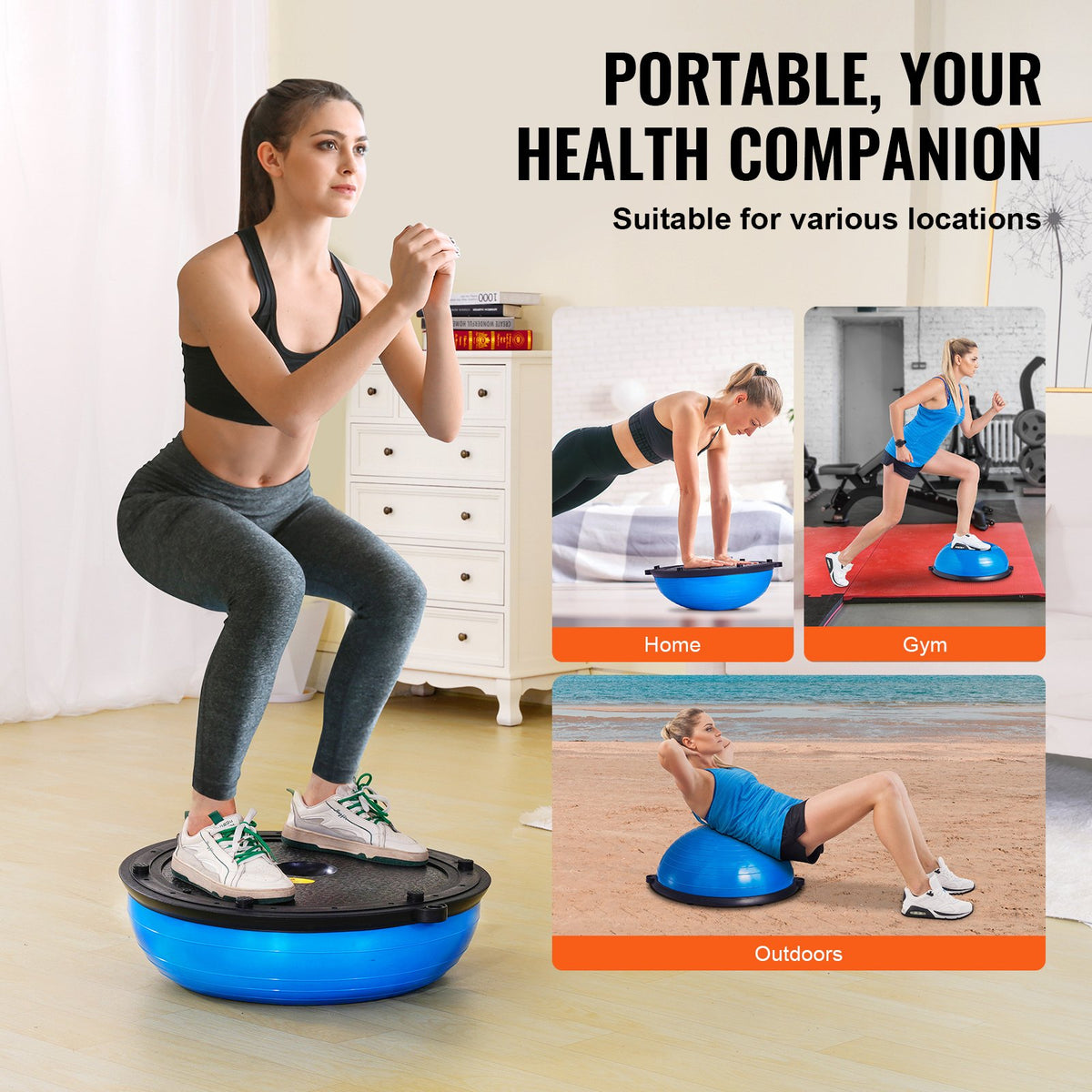 Half Exercise Ball Trainer 23in Balance 660lbs Resistance Bands Foot Pump Blue
