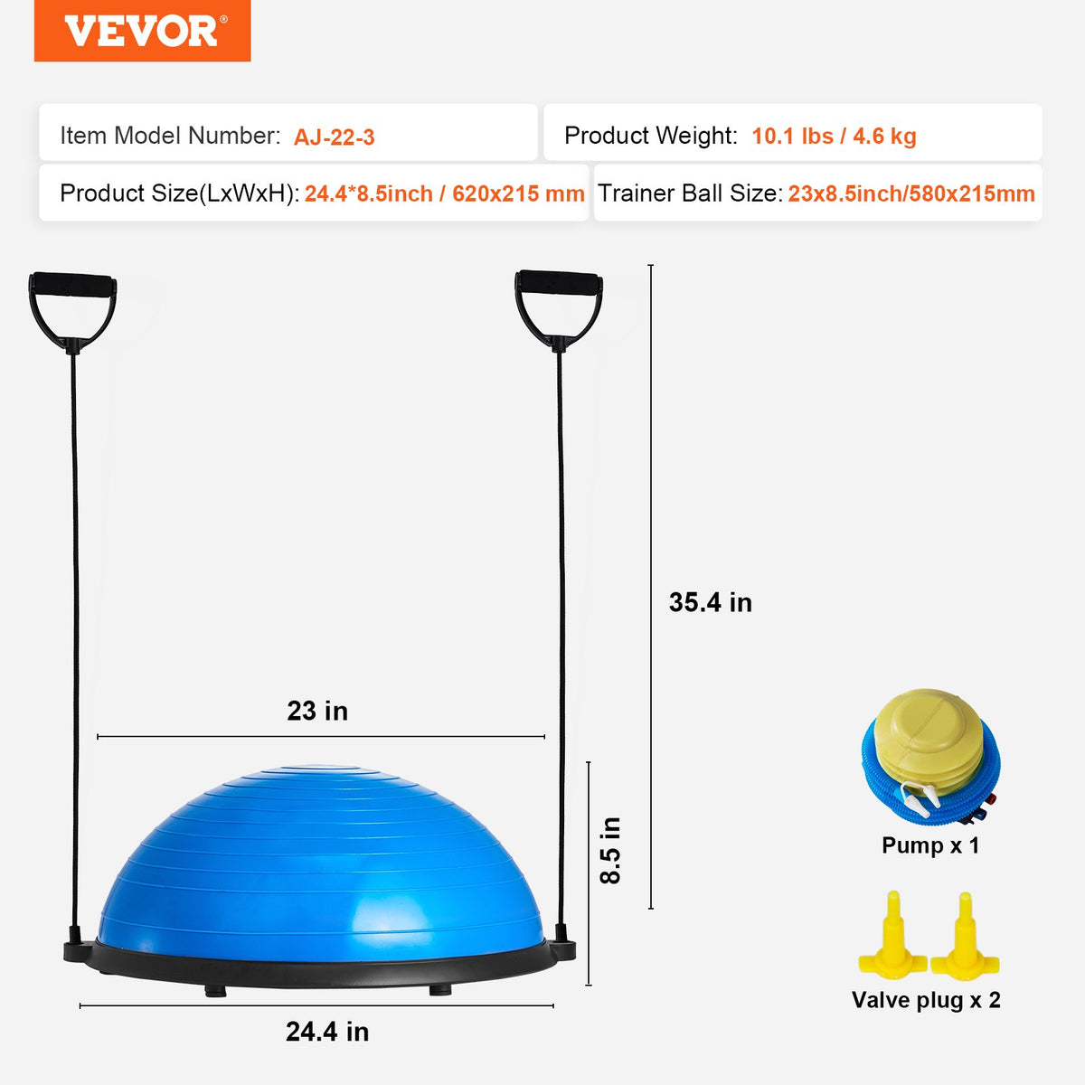 Half Exercise Ball Trainer 23in Balance 660lbs Resistance Bands Foot Pump Blue