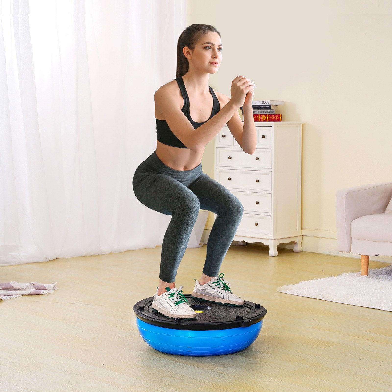 Half Exercise Ball Trainer 23in Balance 660lbs Resistance Bands Foot Pump Blue